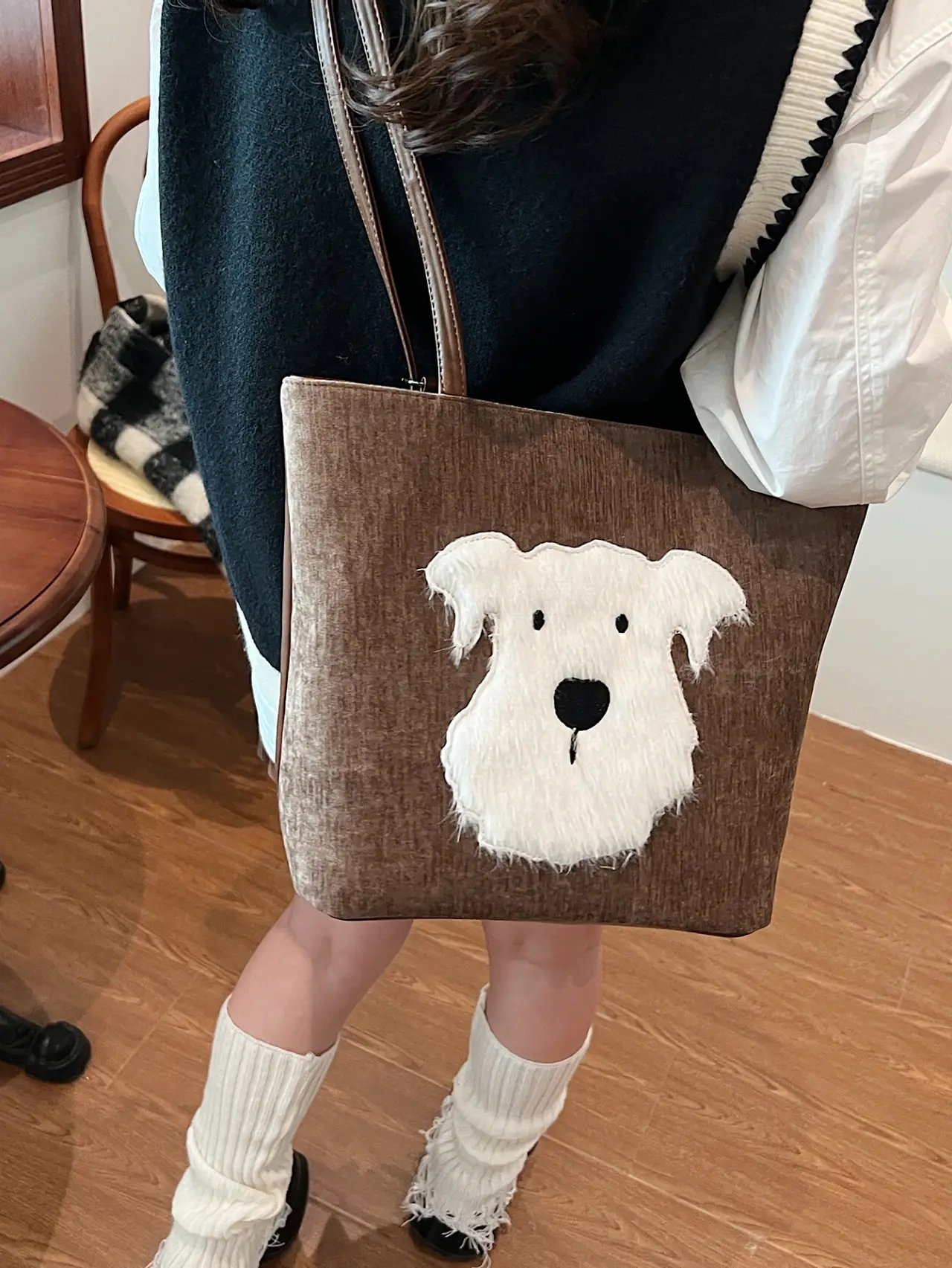 Brown Corduroy Dog Applique Shoulder Bag