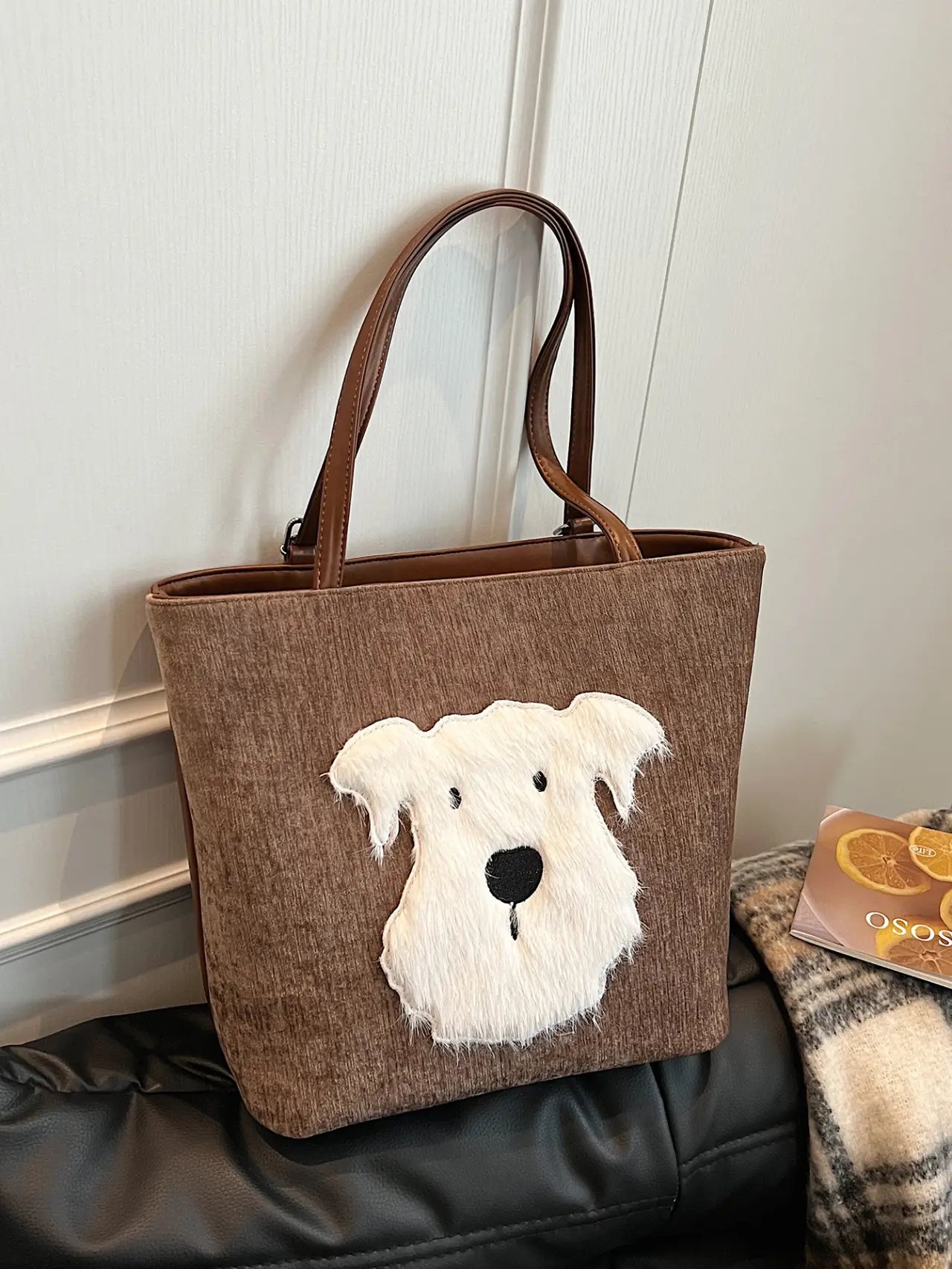 Brown Corduroy Dog Applique Shoulder Bag