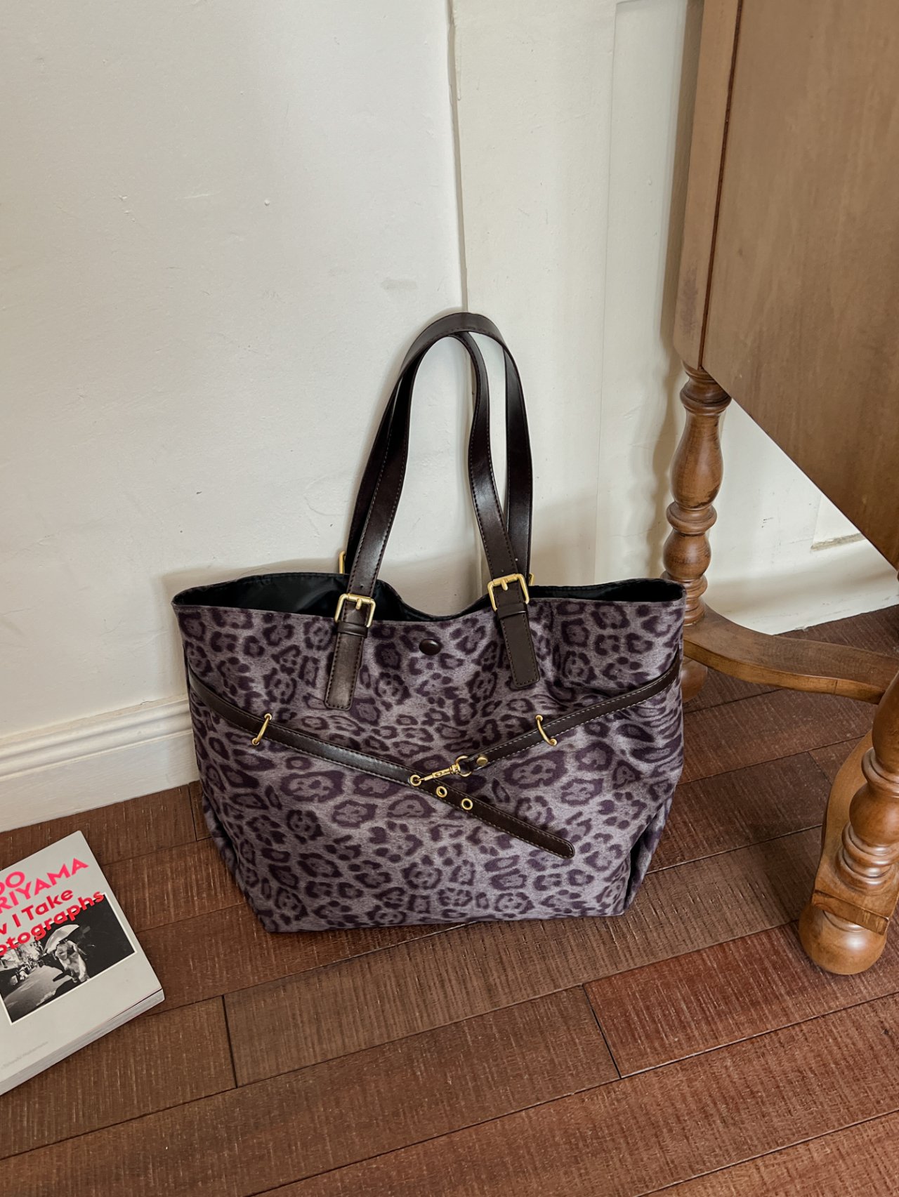 Leopard Print Tote Bag with Buckle Details