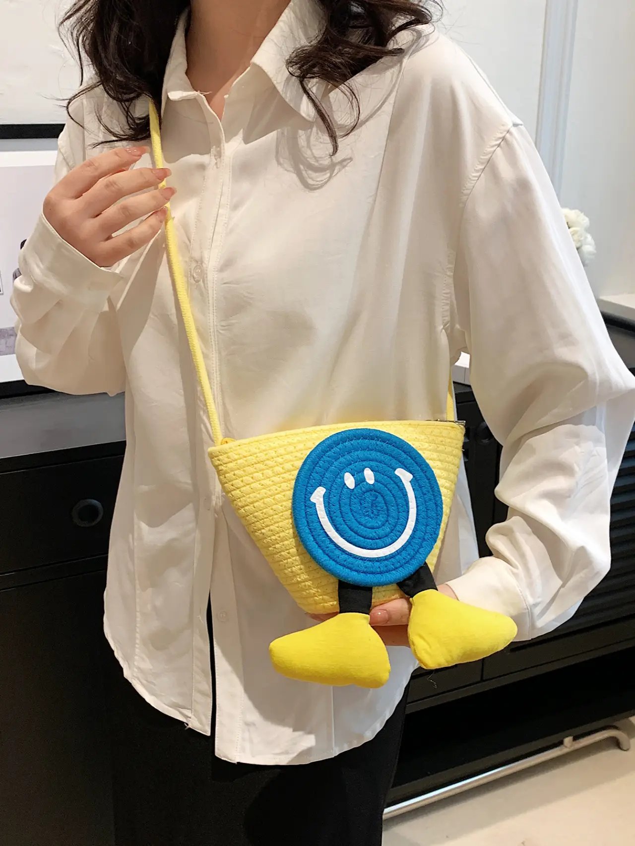 Yellow Straw Smiley Crossbody Bag