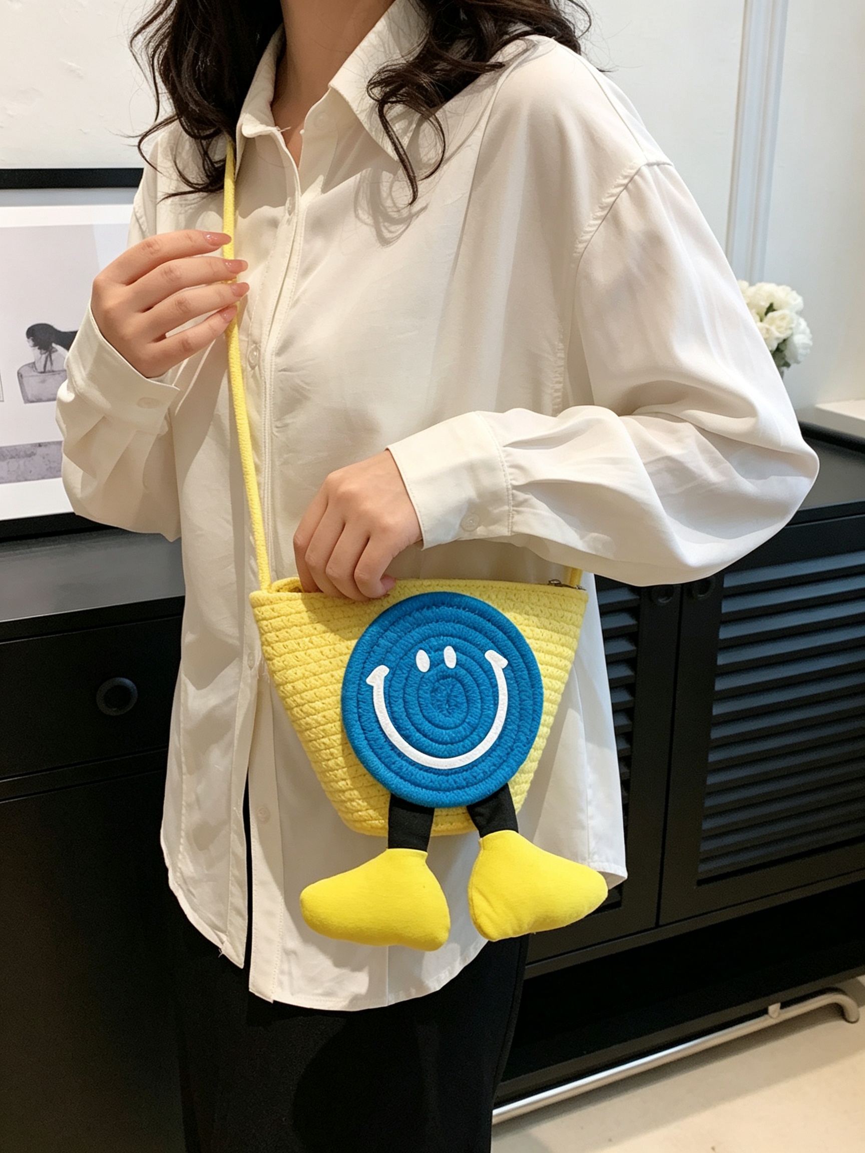 Yellow Straw Smiley Crossbody Bag