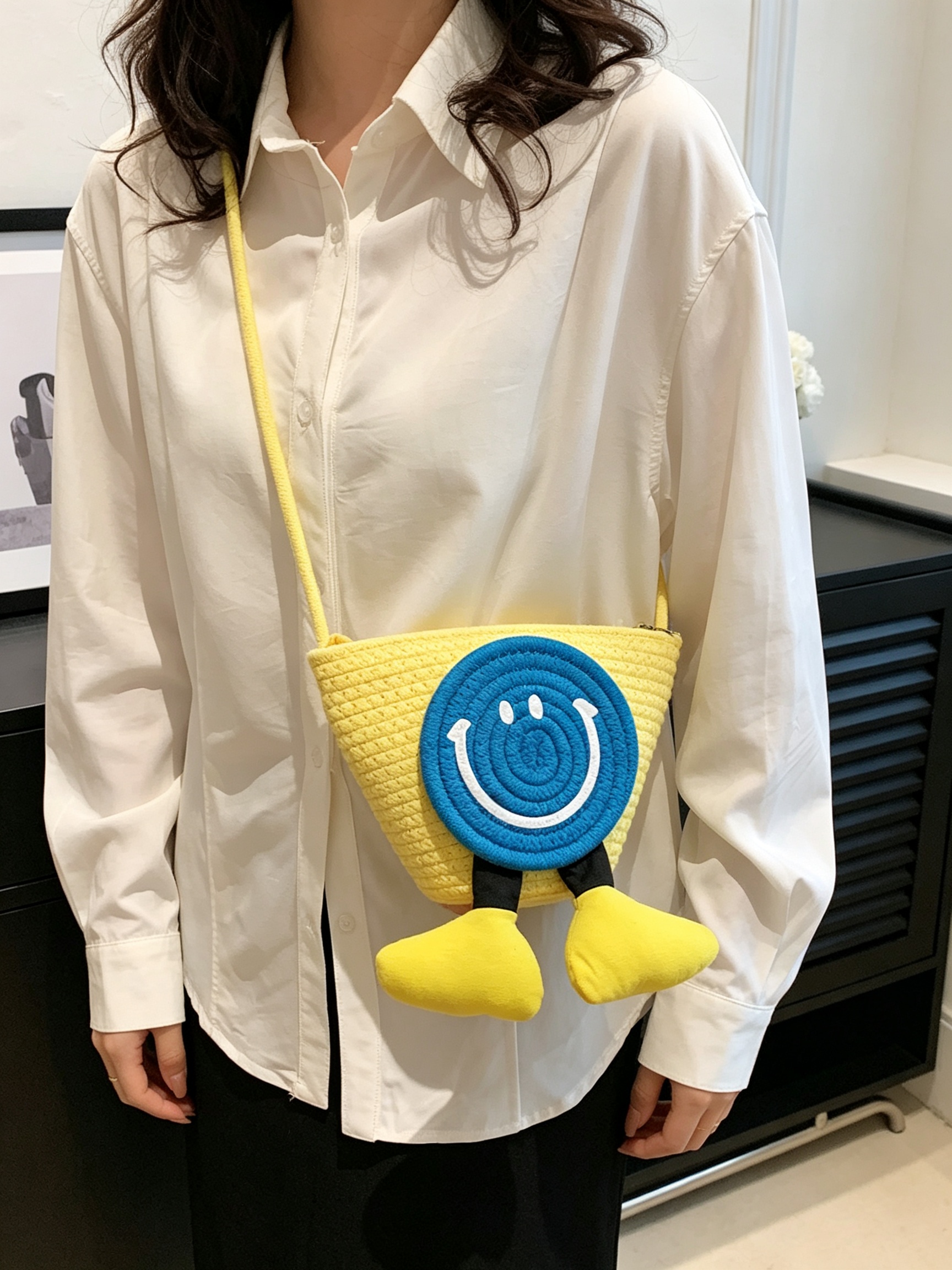 Yellow Straw Smiley Crossbody Bag