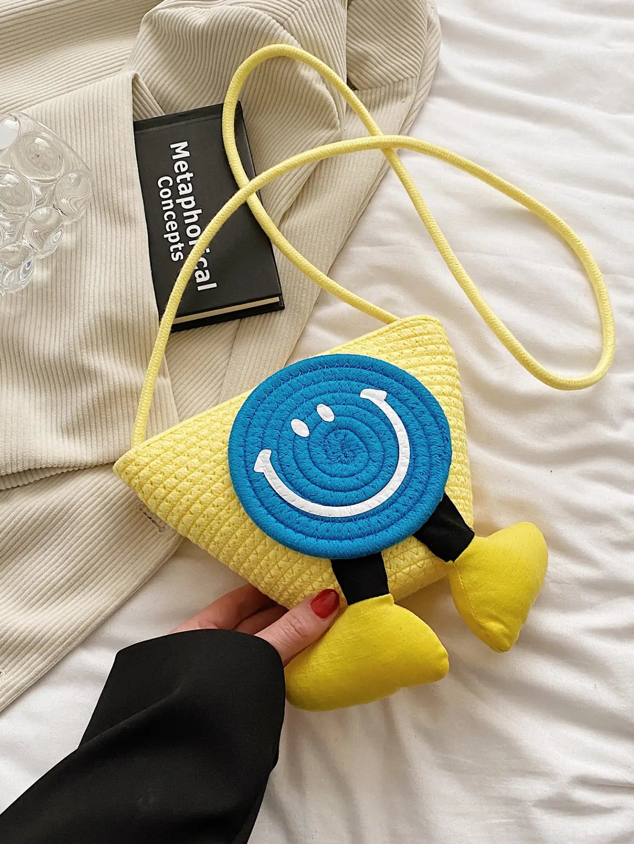 Yellow Straw Smiley Crossbody Bag