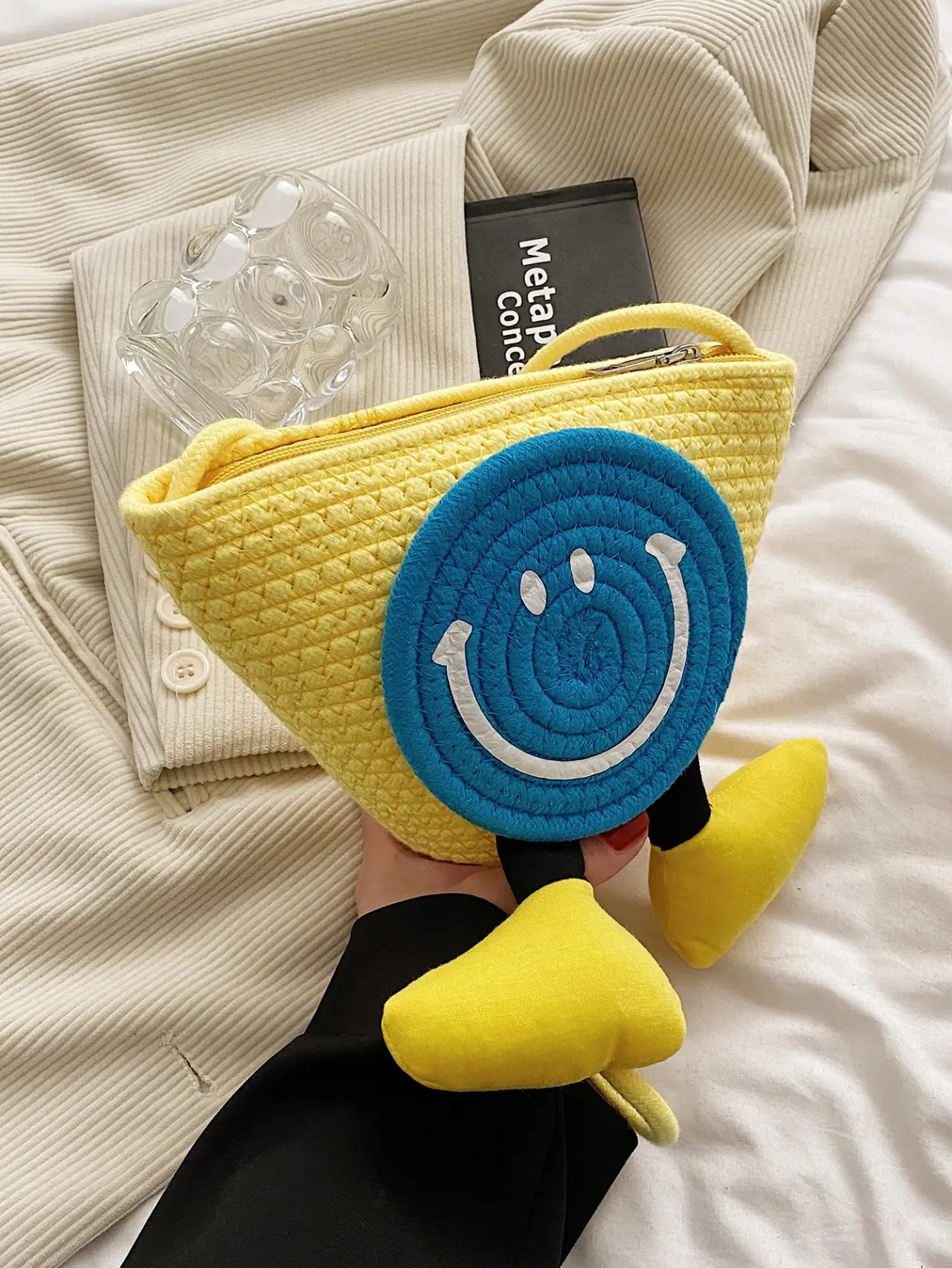 Yellow Straw Smiley Crossbody Bag