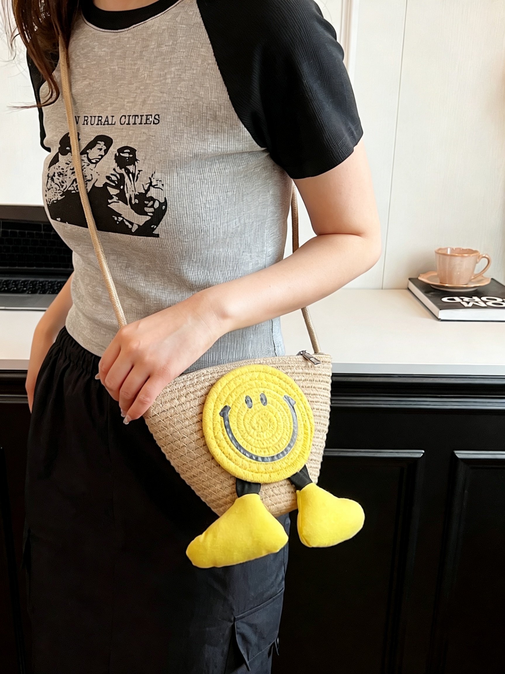 Khaki Straw Smiley Face Crossbody Bag