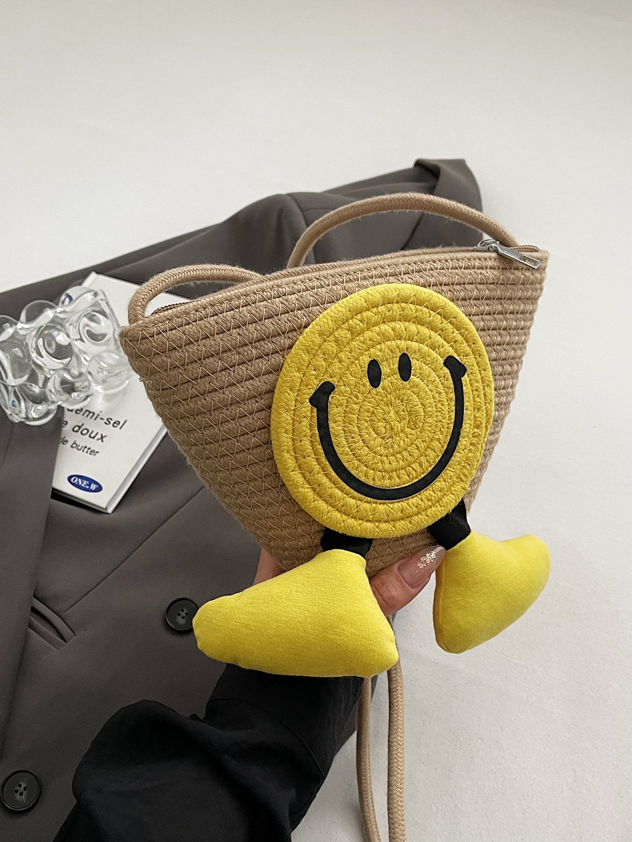 Khaki Straw Smiley Face Crossbody Bag