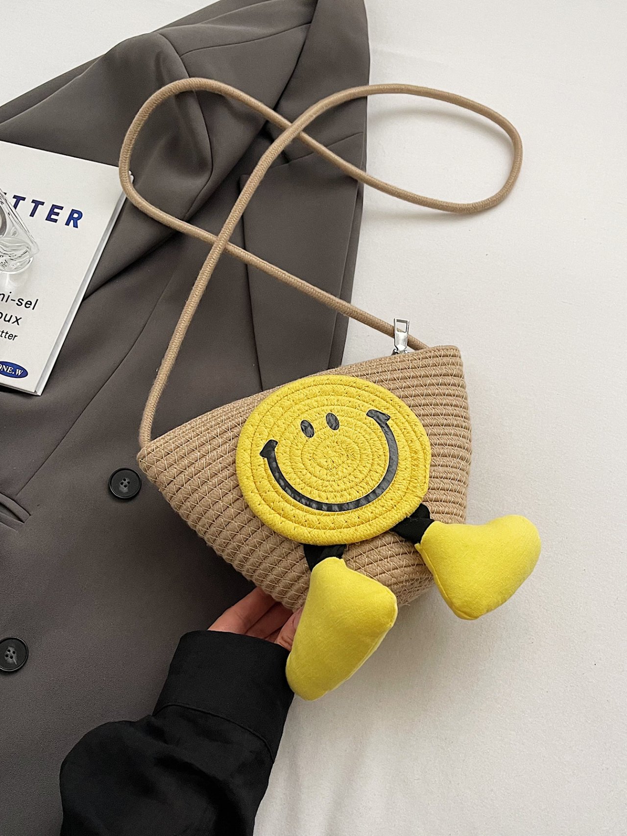 Khaki Straw Smiley Face Crossbody Bag