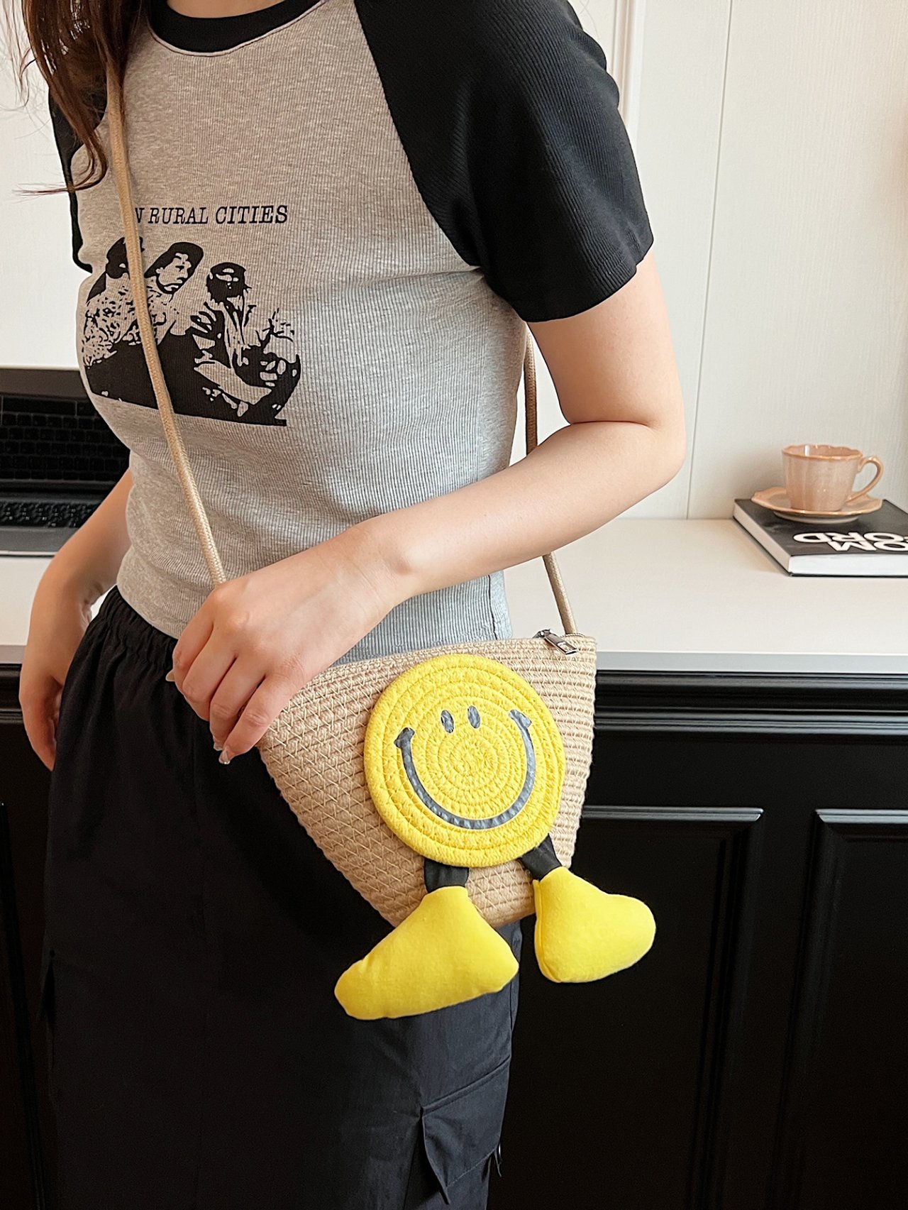 Khaki Straw Smiley Face Crossbody Bag