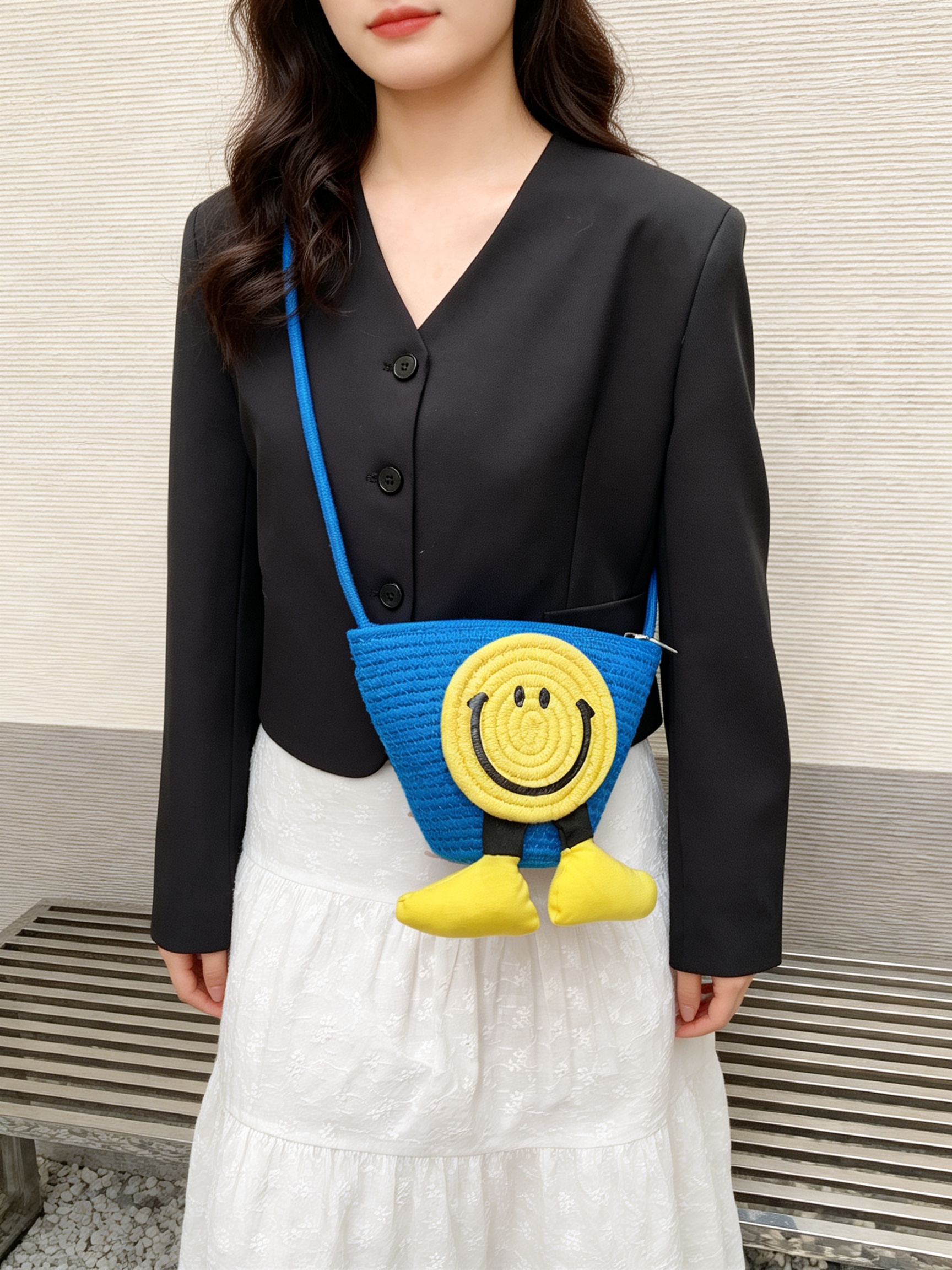 Blue Smiley Face Crossbody Bag