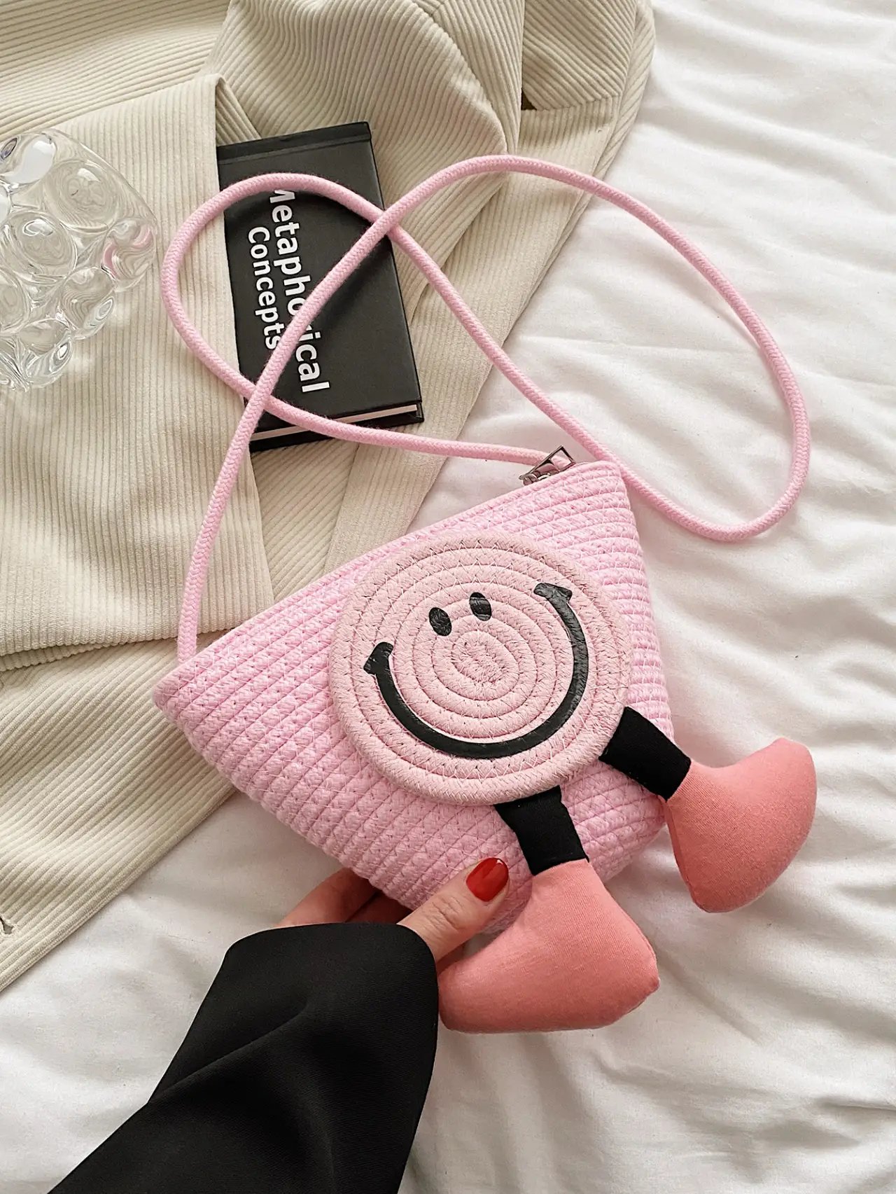 Pink Straw Smiley Face Crossbody Bag