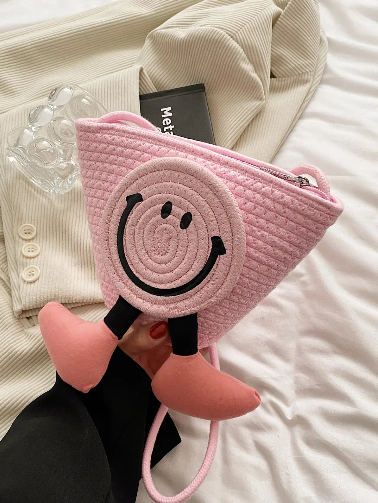 Pink Straw Smiley Face Crossbody Bag