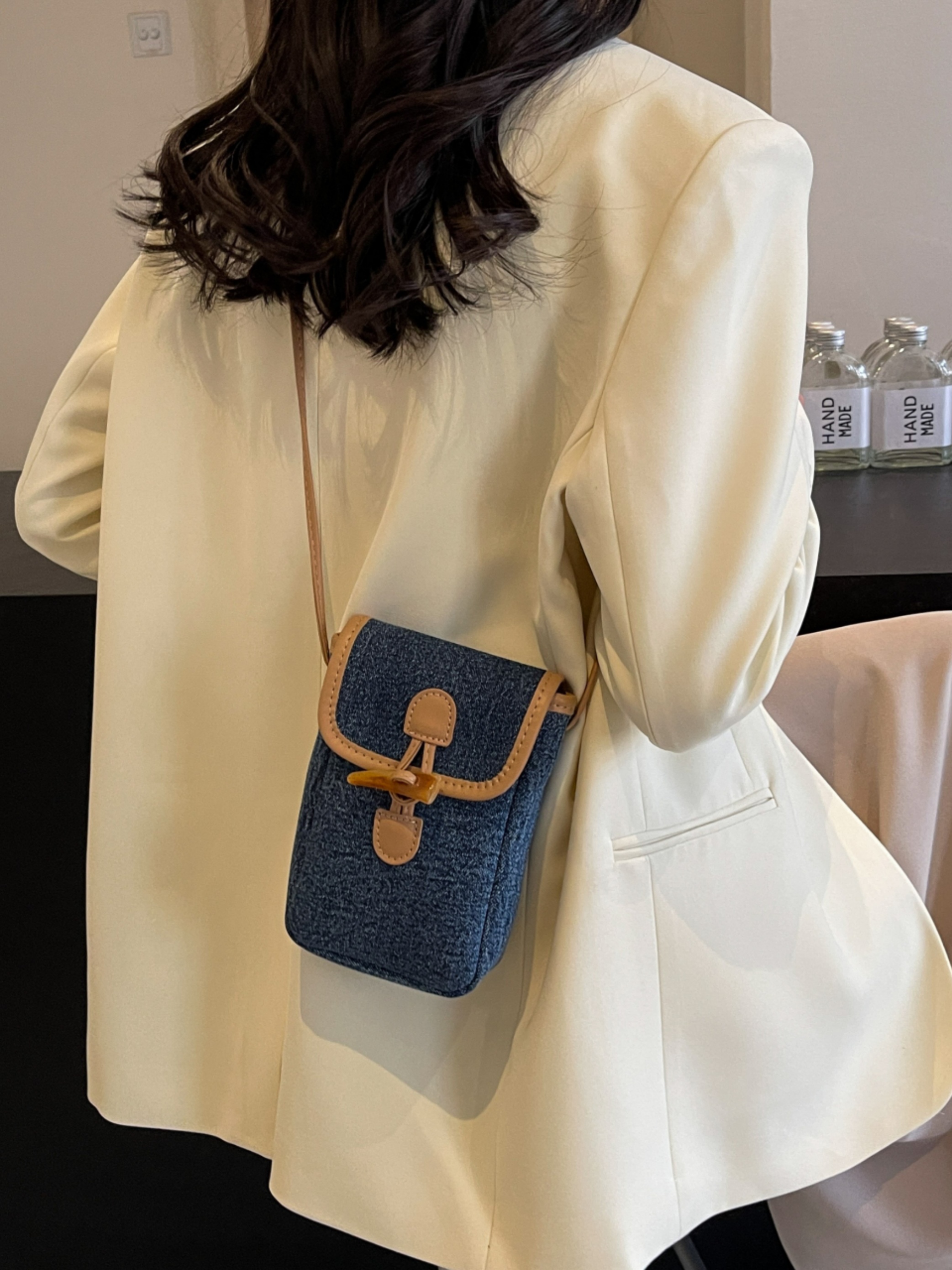 Dark Blue Denim Crossbody Phone Bag with Toggle Closure