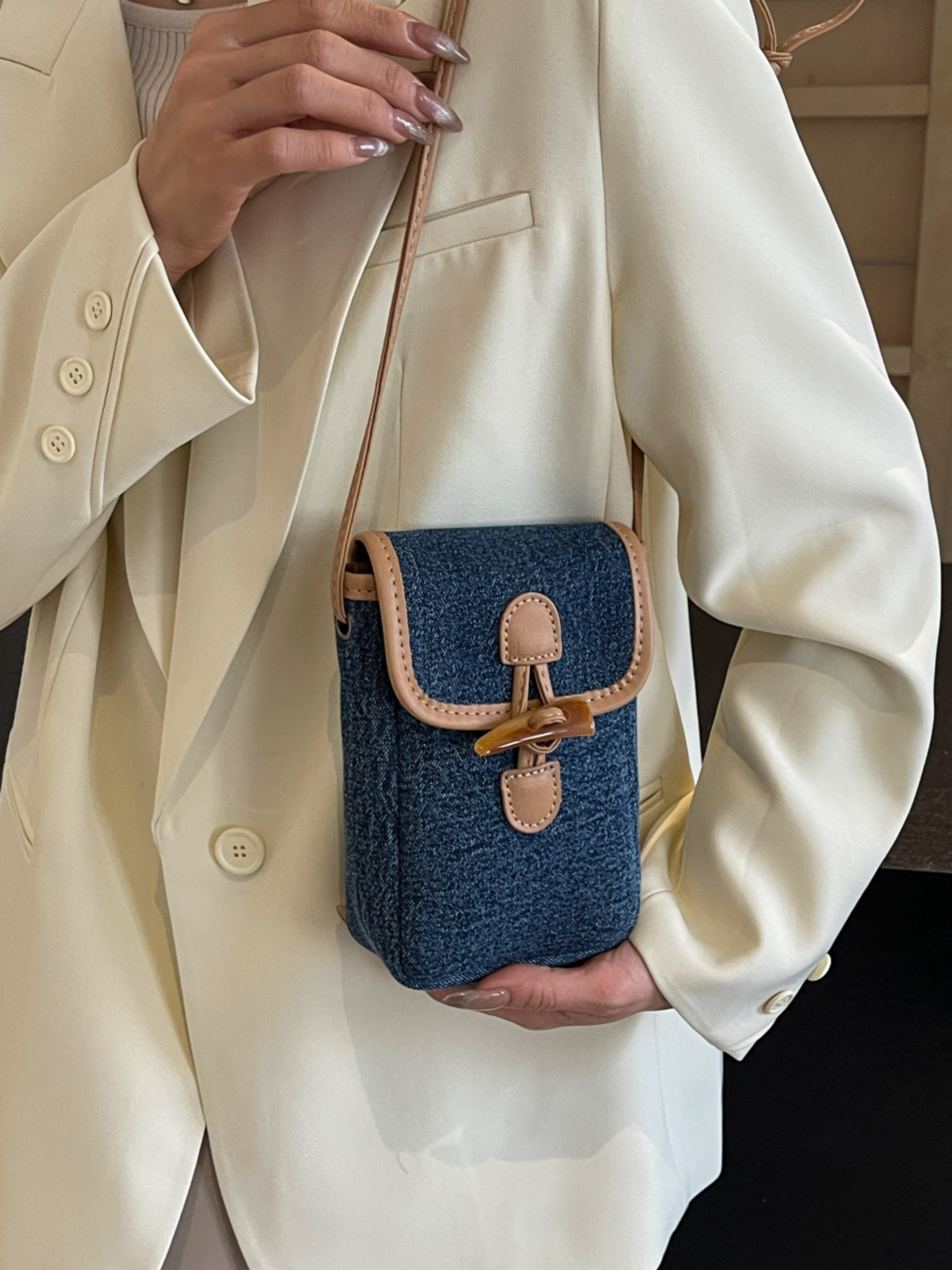 Dark Blue Denim Crossbody Phone Bag with Toggle Closure
