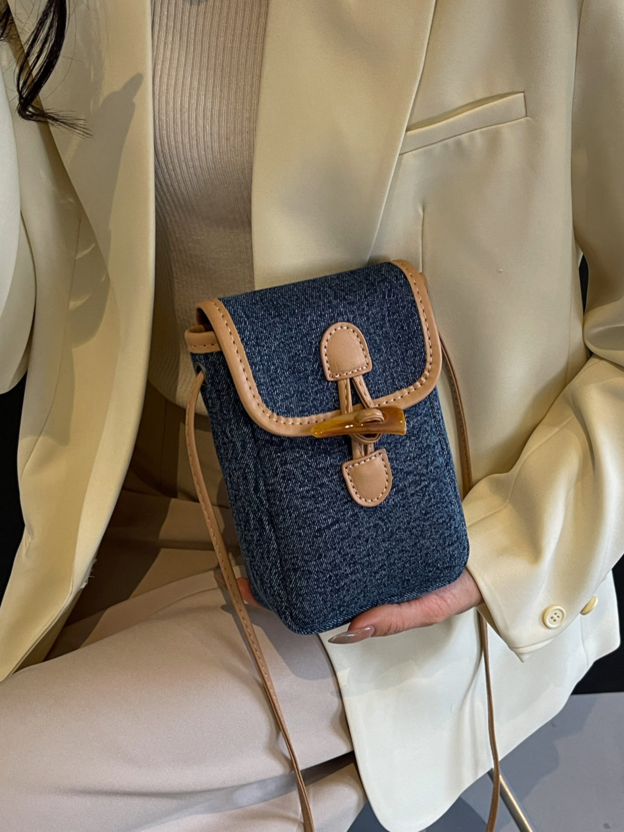 Dark Blue Denim Crossbody Phone Bag with Toggle Closure