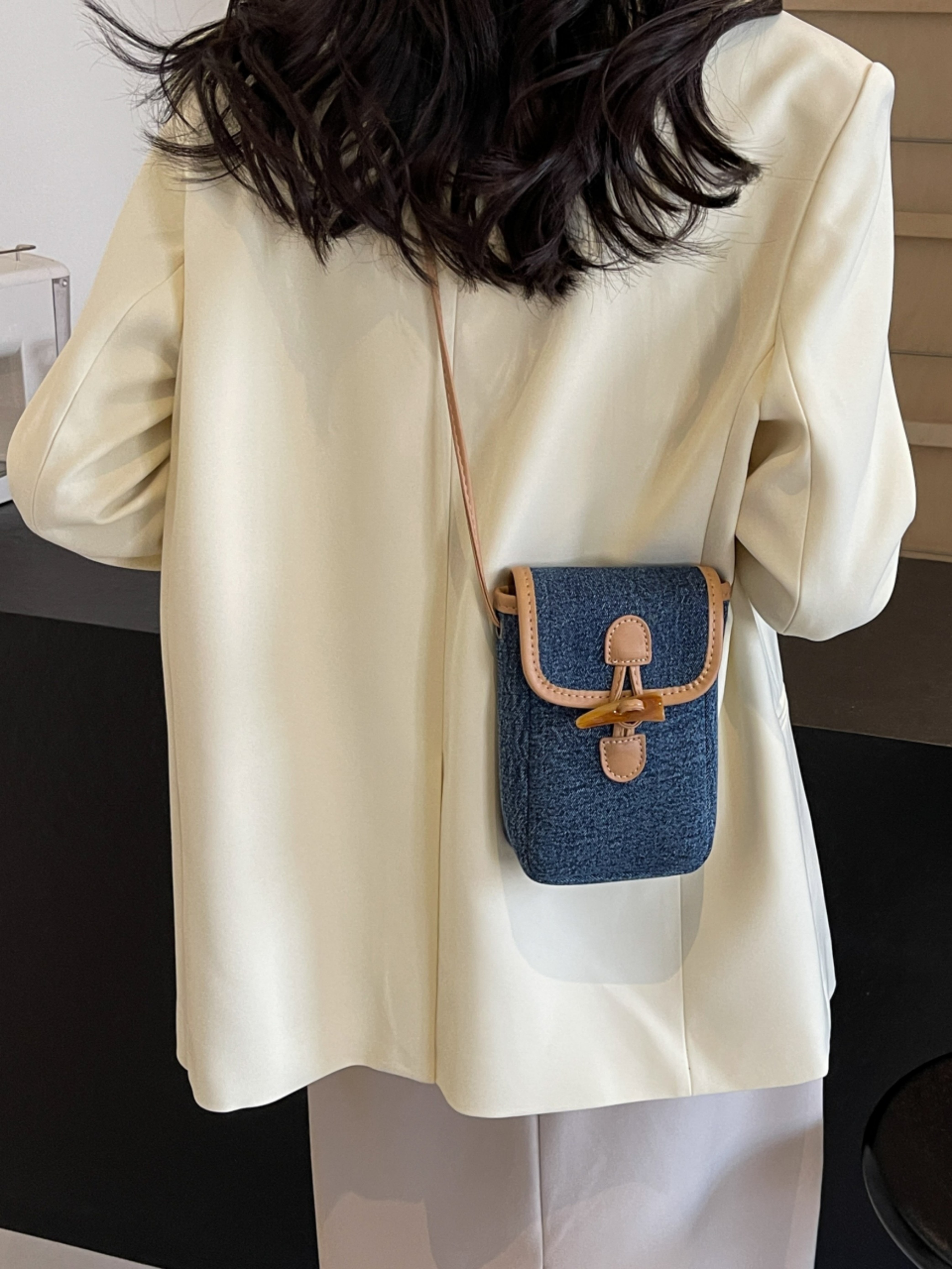 Dark Blue Denim Crossbody Phone Bag with Toggle Closure