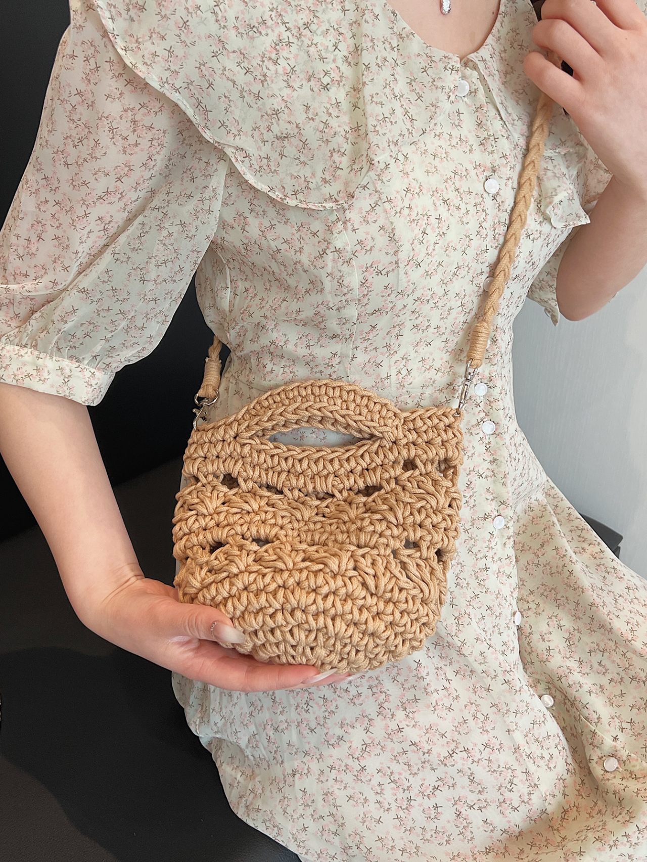 Khaki Crochet Woven Crossbody Bag