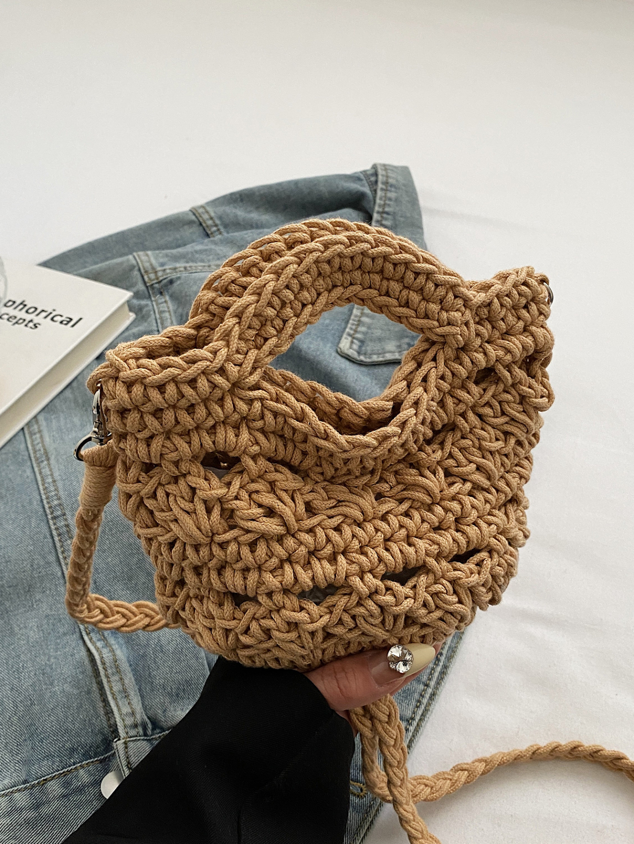 Khaki Crochet Woven Crossbody Bag