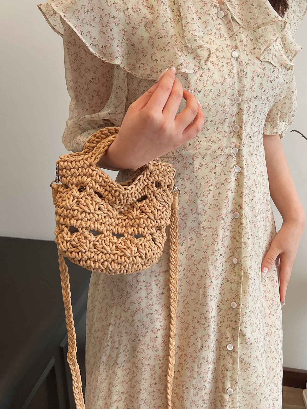 Khaki Crochet Woven Crossbody Bag