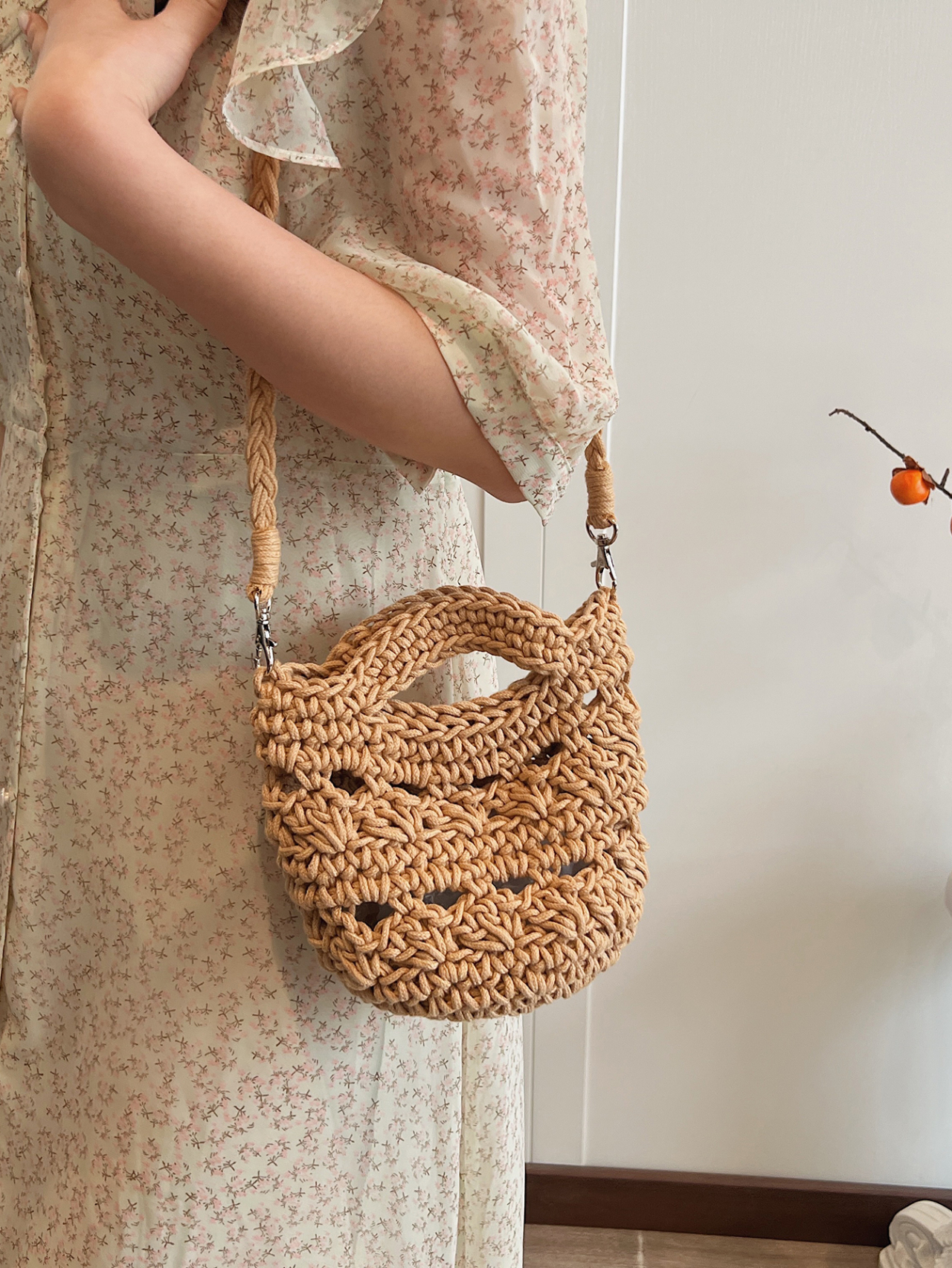 Khaki Crochet Woven Crossbody Bag