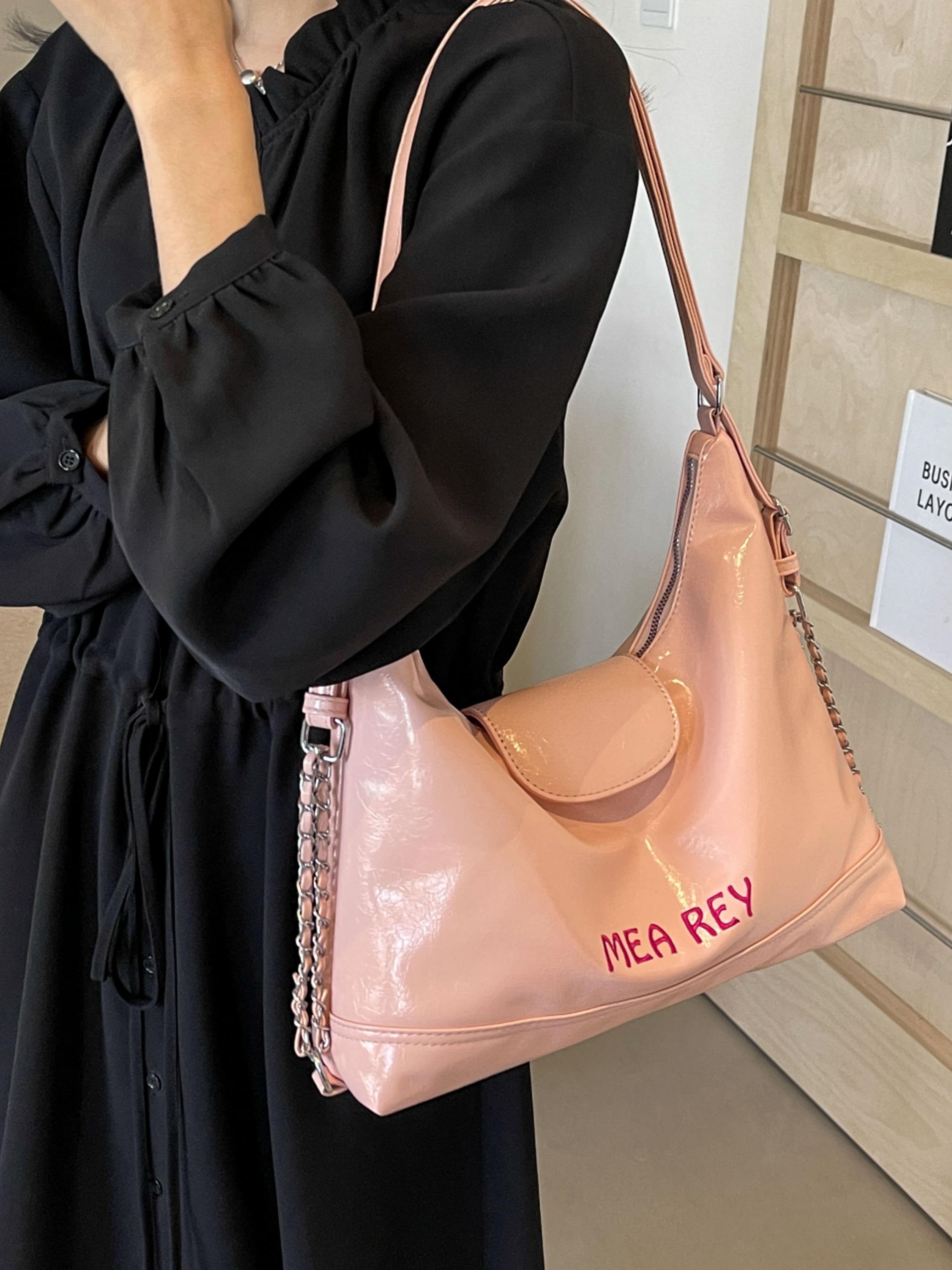 Pink Patent Faux Leather Shoulder Bag