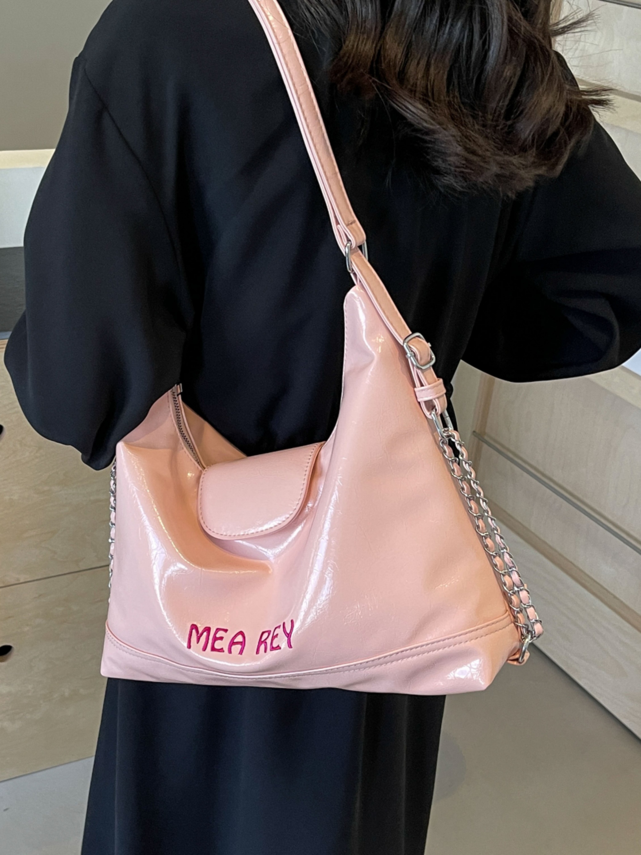 Pink Patent Faux Leather Shoulder Bag