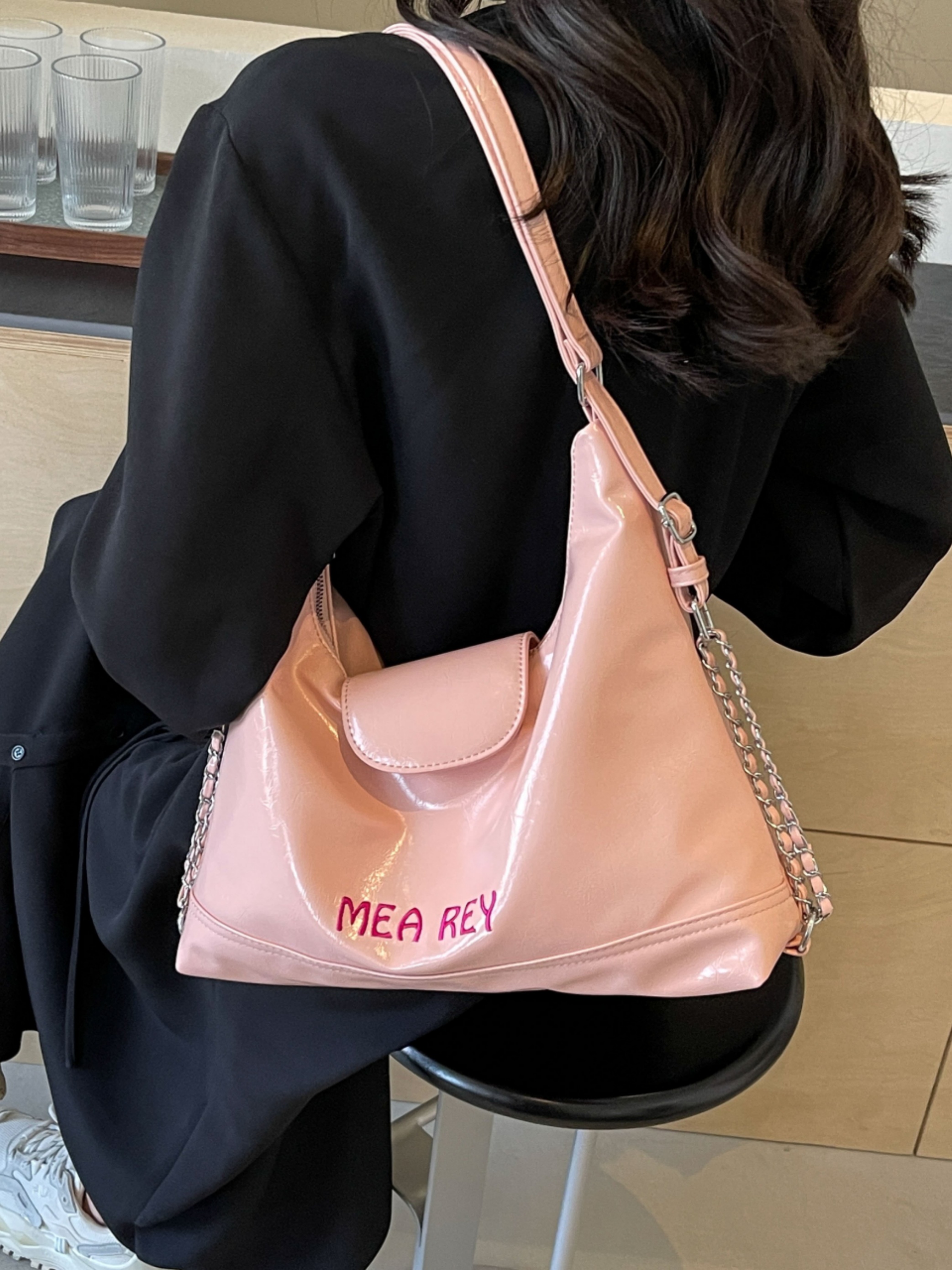 Pink Patent Faux Leather Shoulder Bag