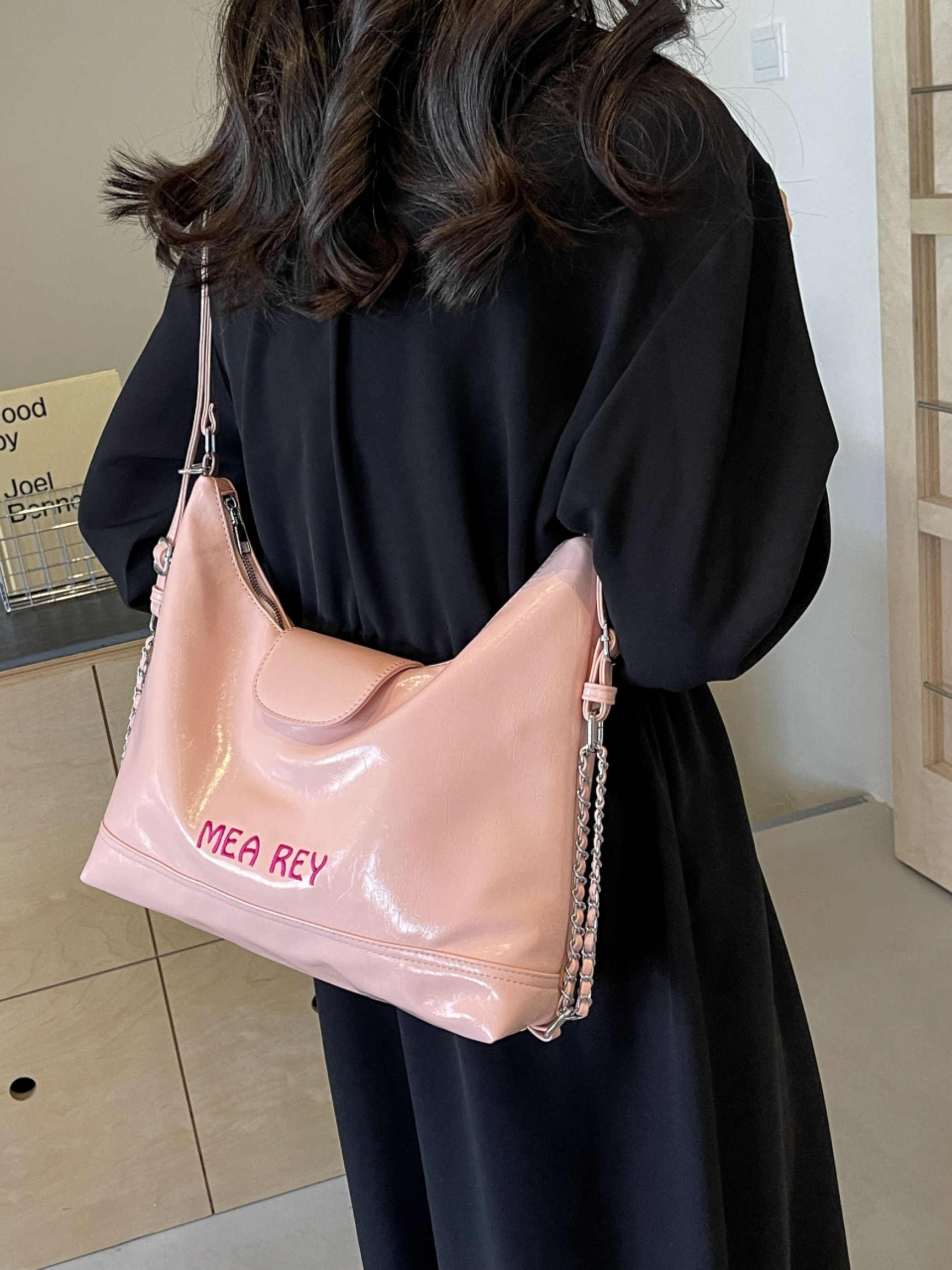 Pink Patent Faux Leather Shoulder Bag
