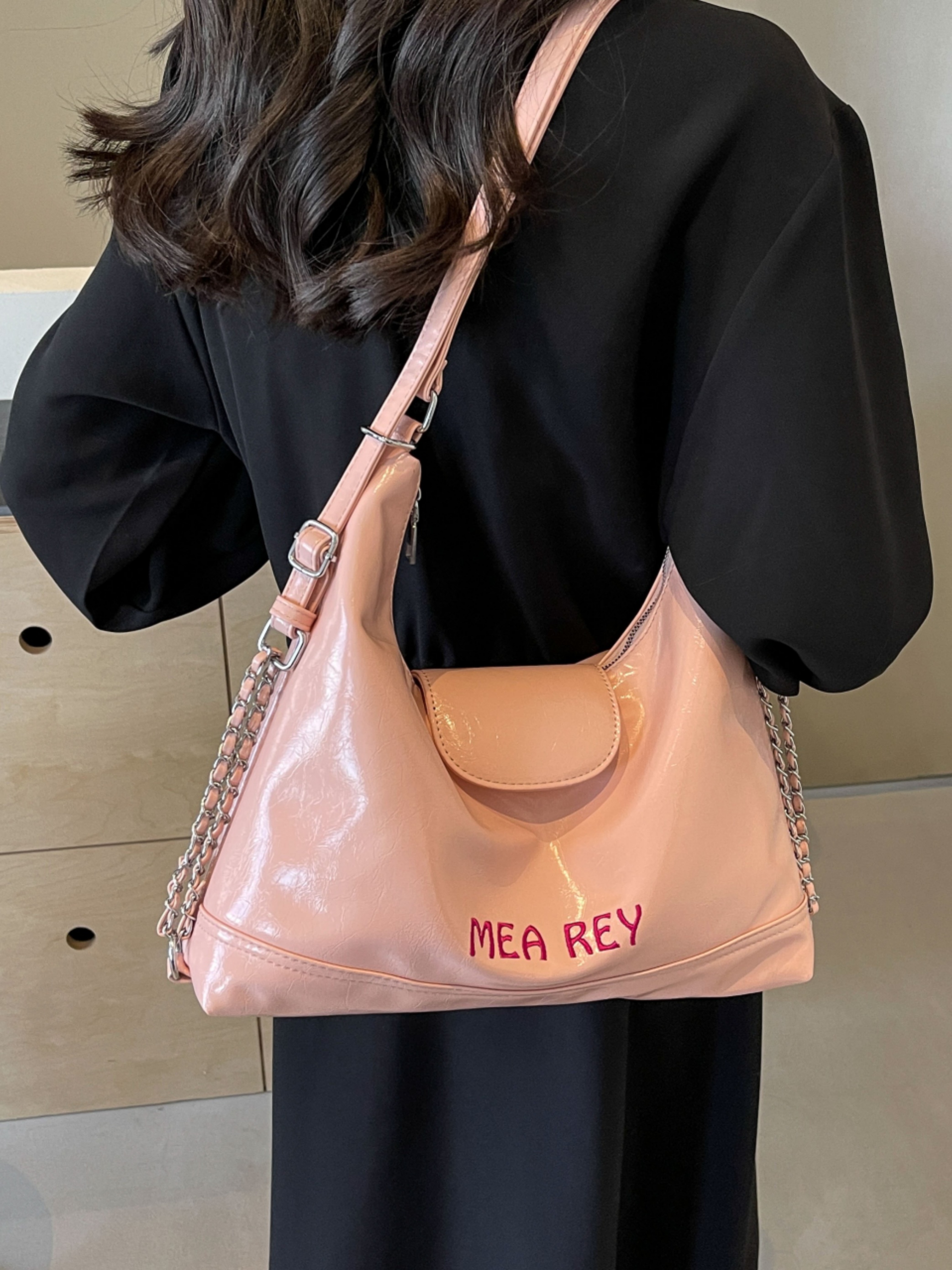 Pink Patent Faux Leather Shoulder Bag