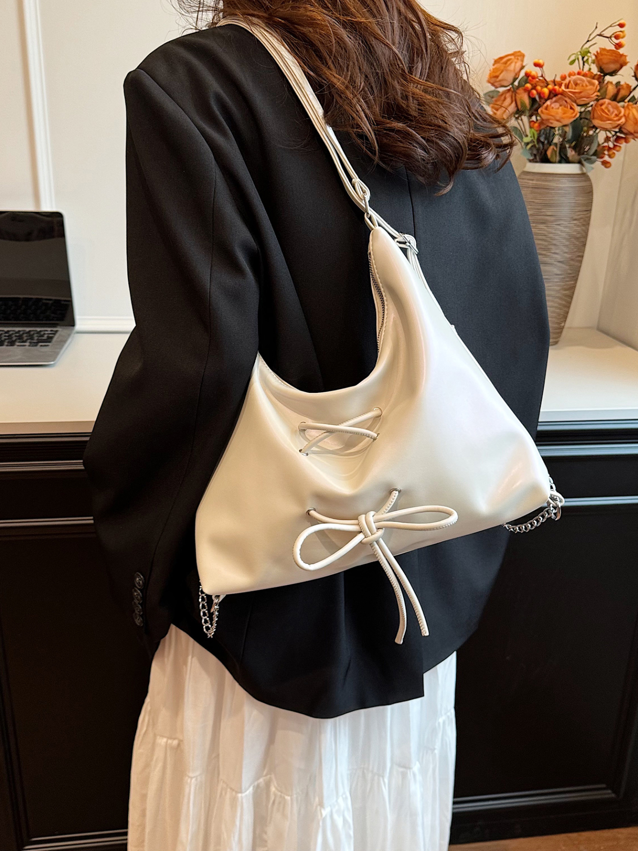 White Shoulder Bag with Drawstring and Chain Accent