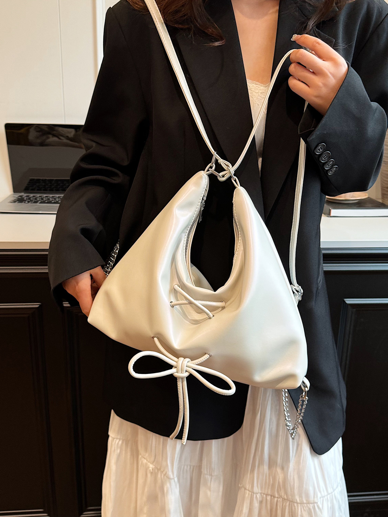 White Shoulder Bag with Drawstring and Chain Accent