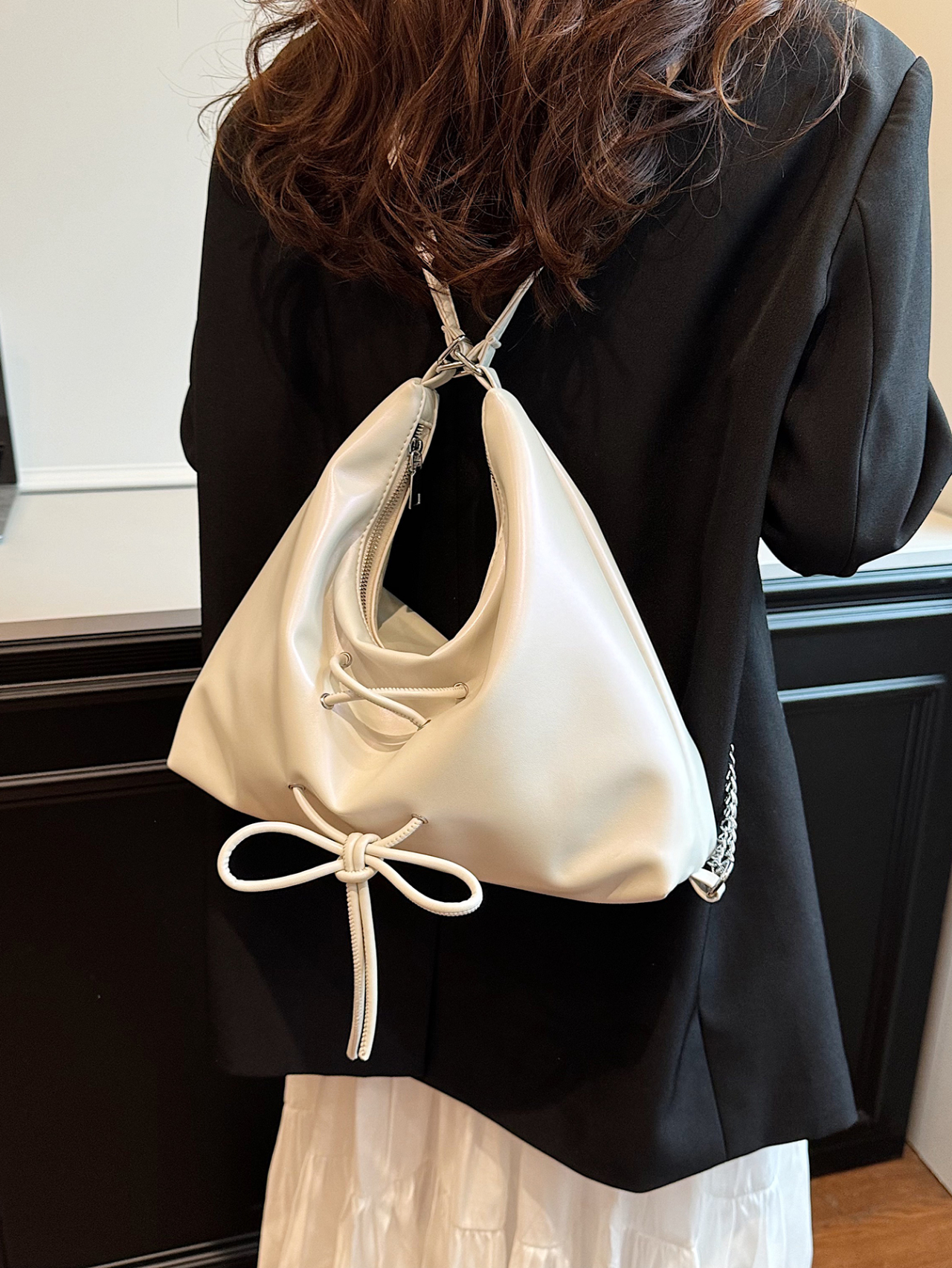 White Shoulder Bag with Drawstring and Chain Accent