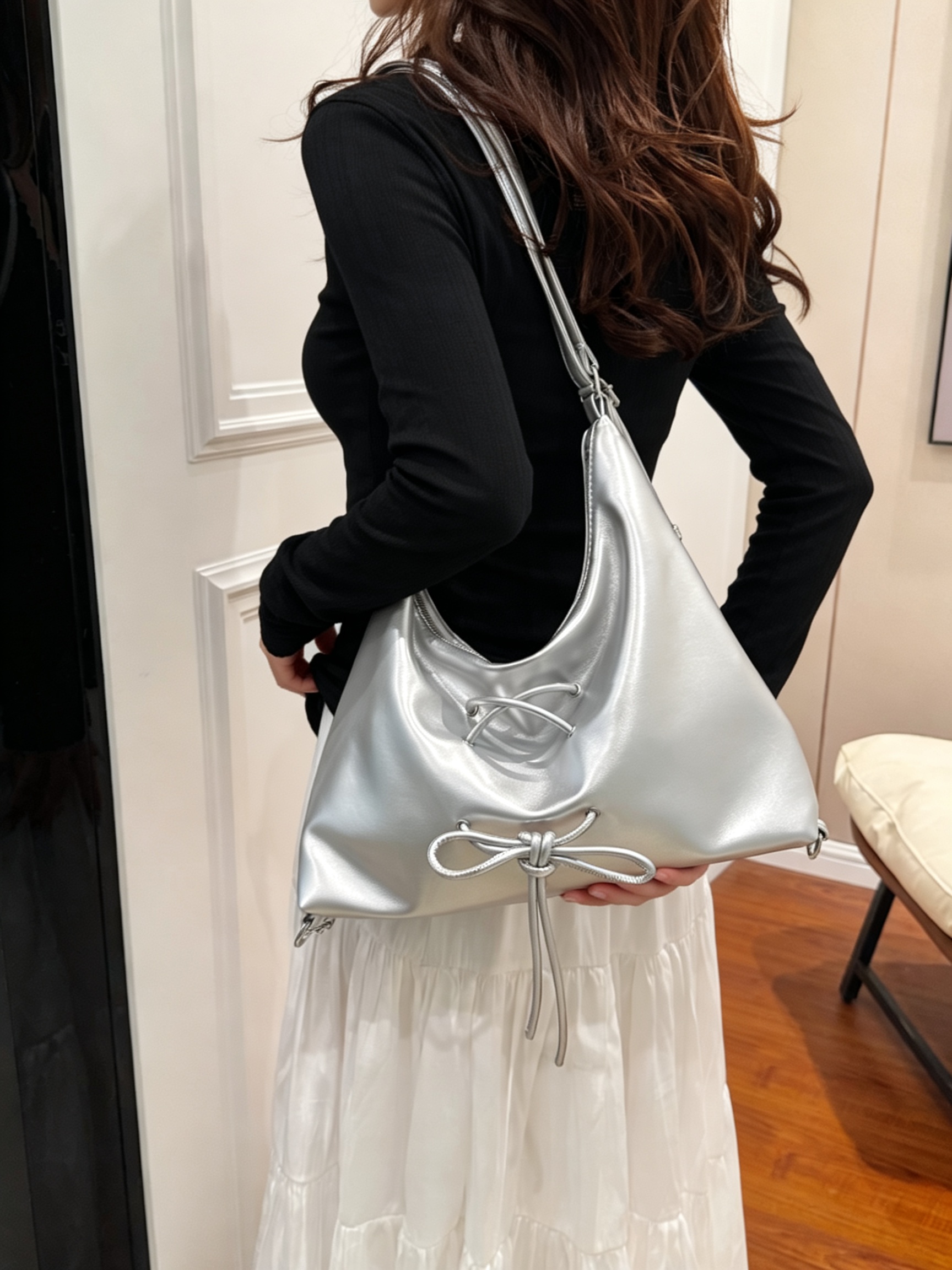 Silver Drawstring Shoulder Bag
