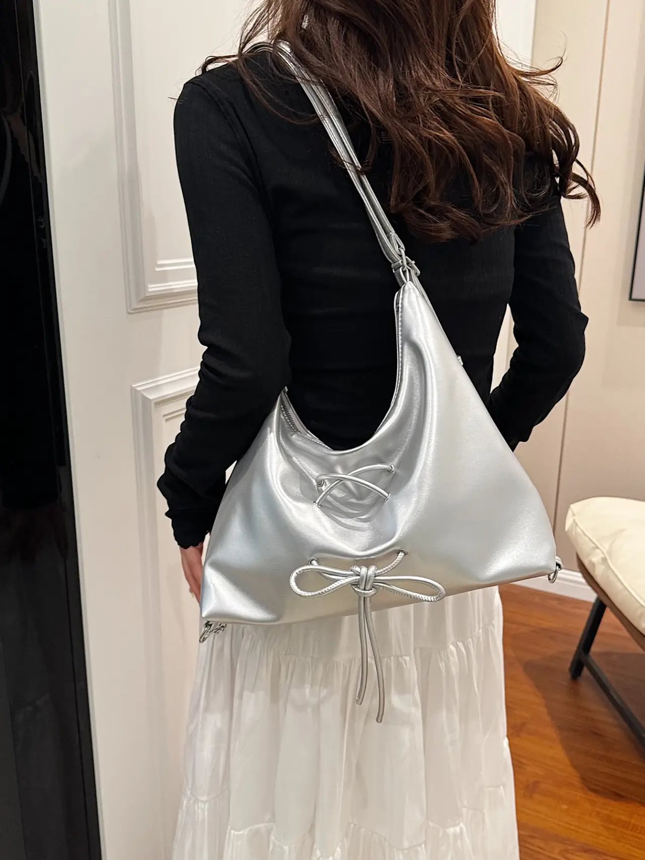 Silver Drawstring Shoulder Bag