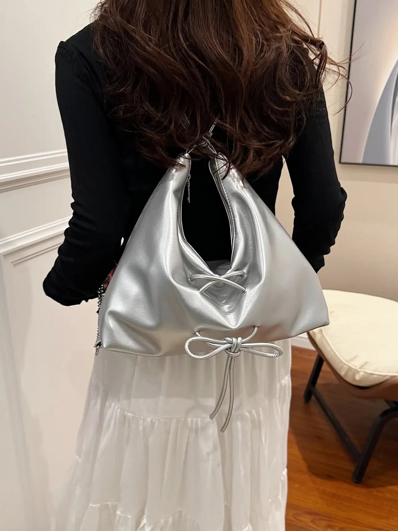 Silver Drawstring Shoulder Bag