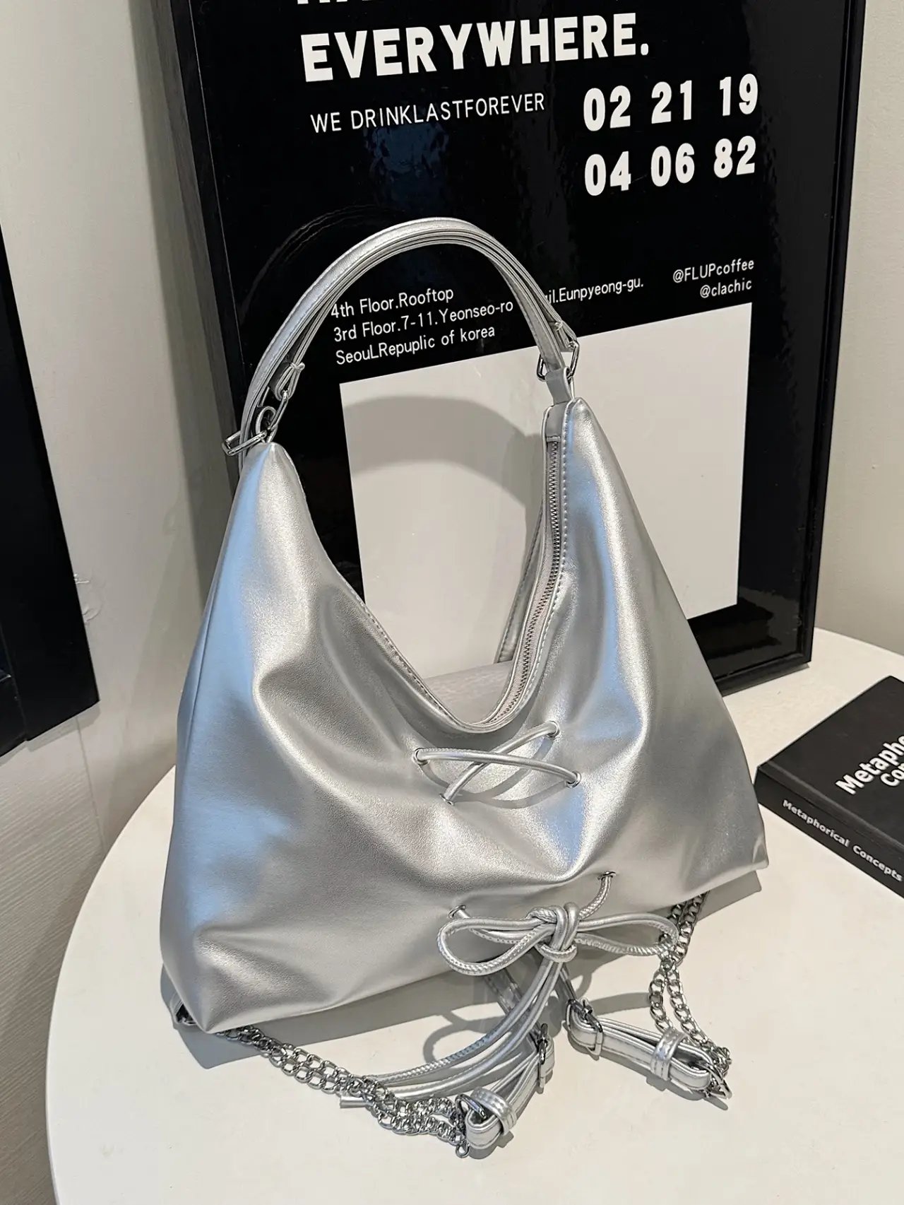 Silver Drawstring Shoulder Bag
