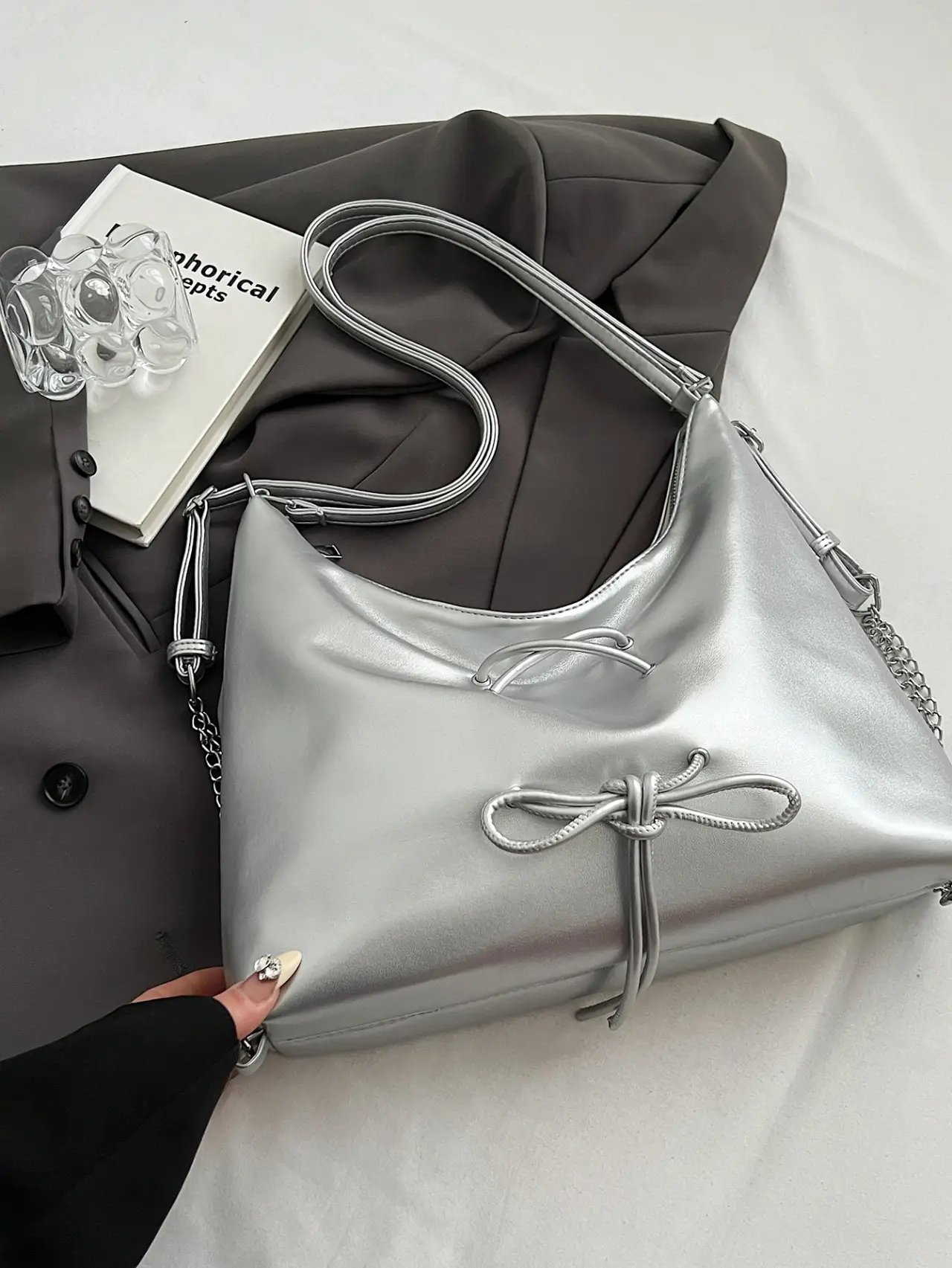 Silver Drawstring Shoulder Bag