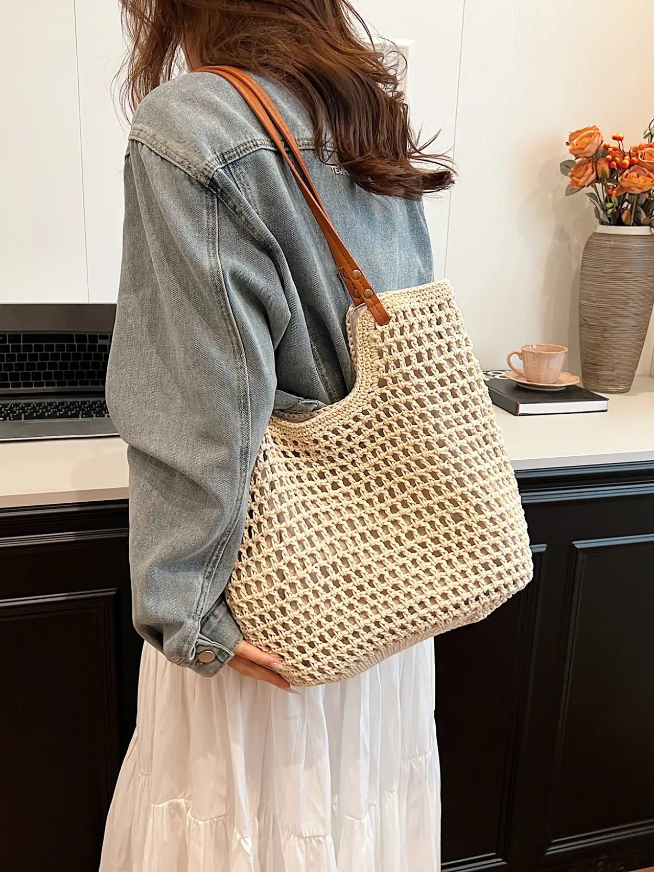Beige Crochet Knit Tote Shoulder Bag