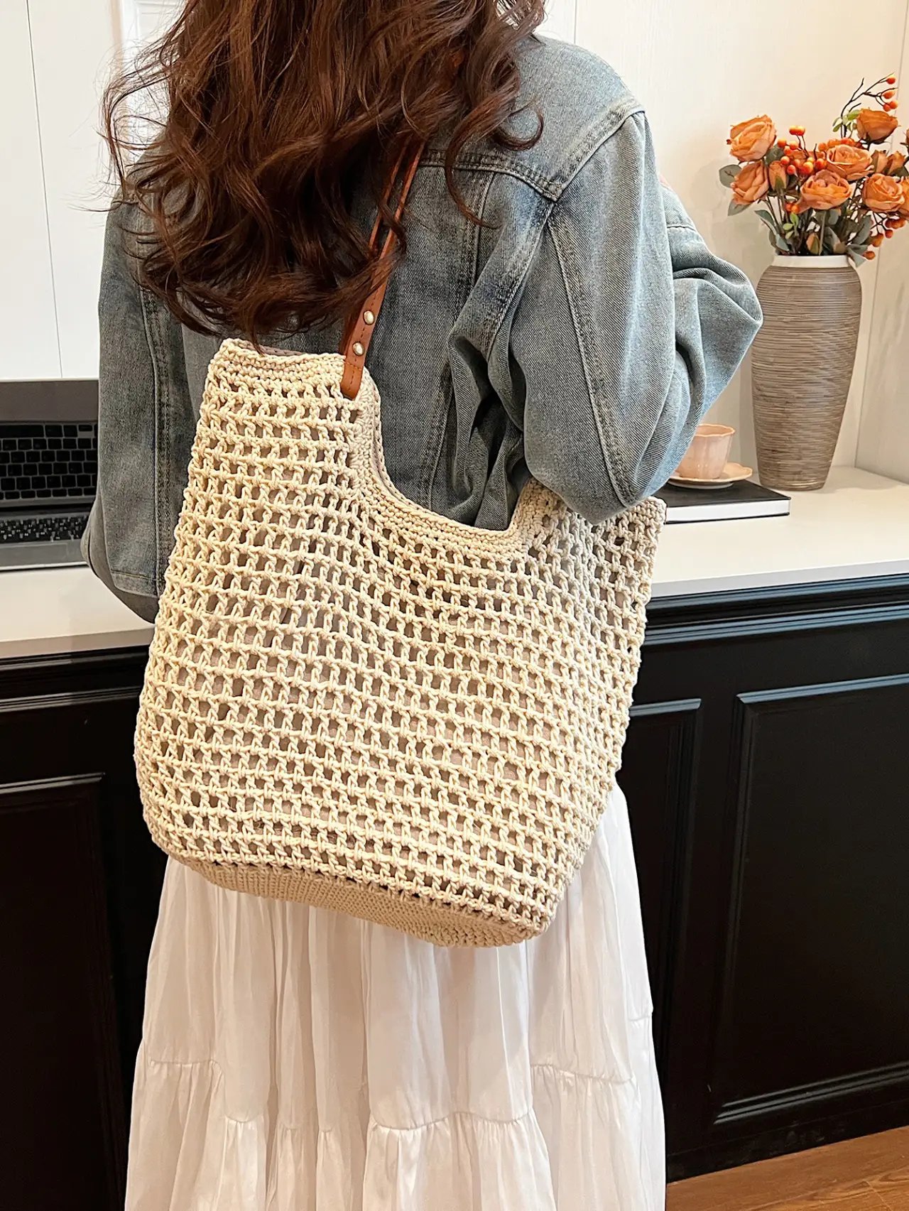 Beige Crochet Knit Tote Shoulder Bag