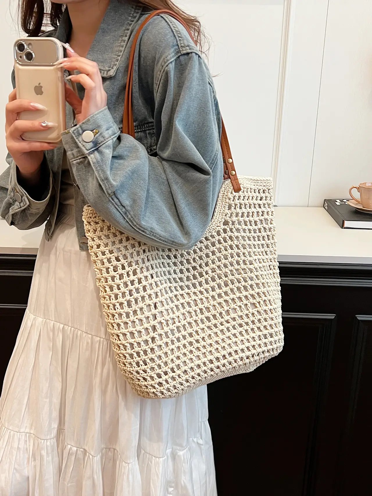 Beige Crochet Knit Tote Shoulder Bag