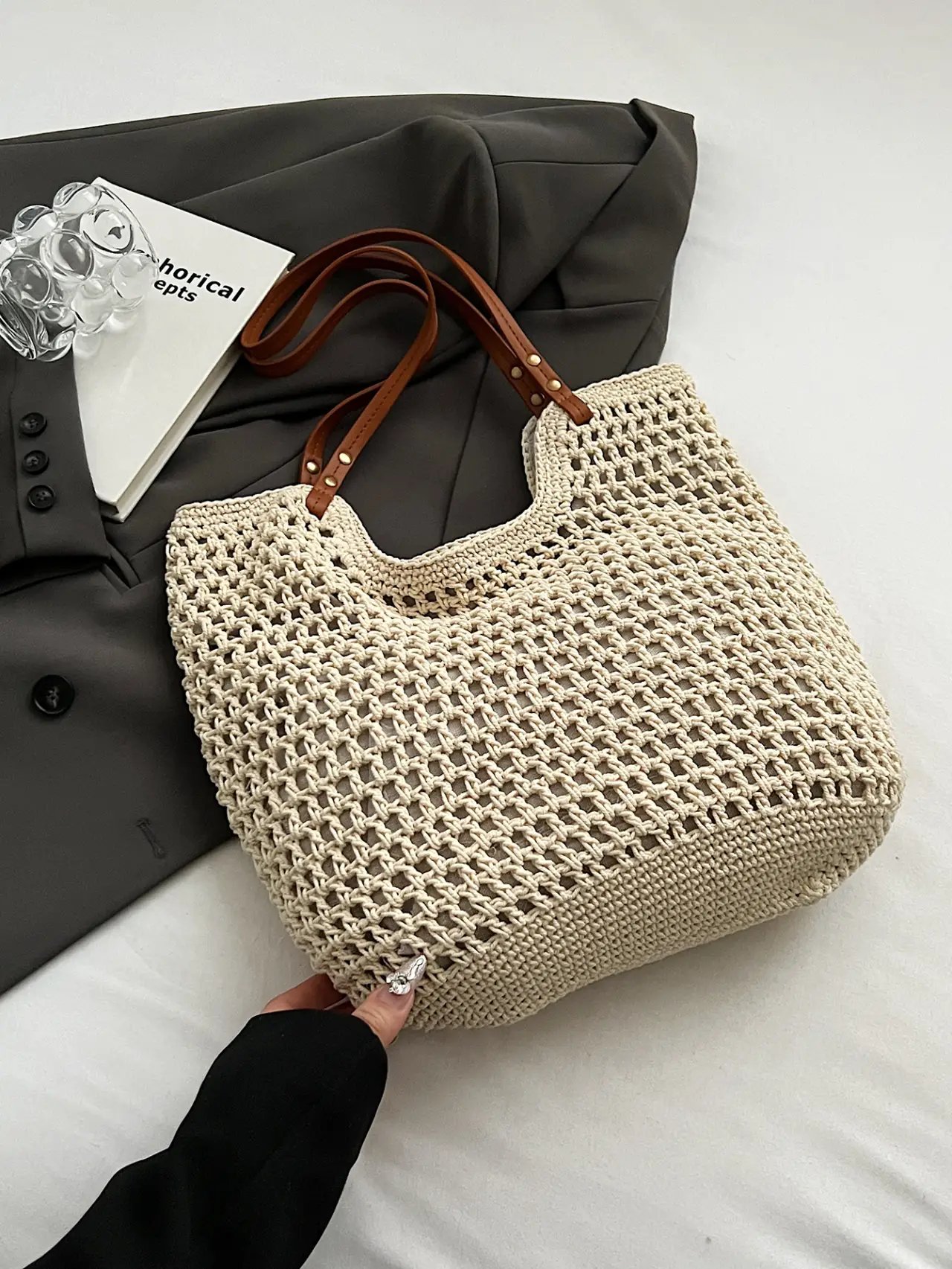 Beige Crochet Knit Tote Shoulder Bag