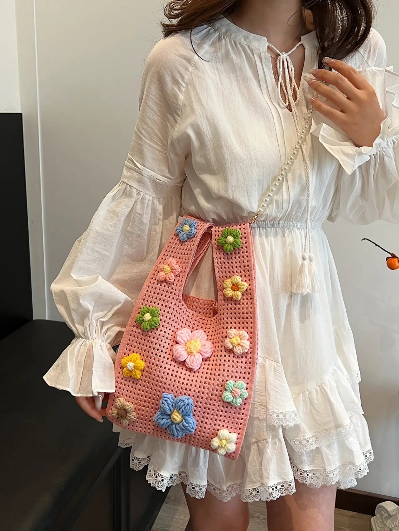 Pink Crochet Floral Shoulder Bag with Pearl Strap