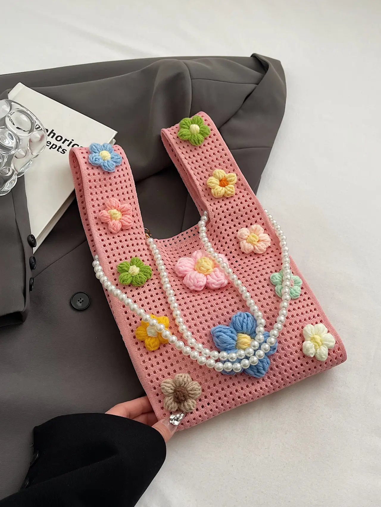 Pink Crochet Floral Shoulder Bag with Pearl Strap