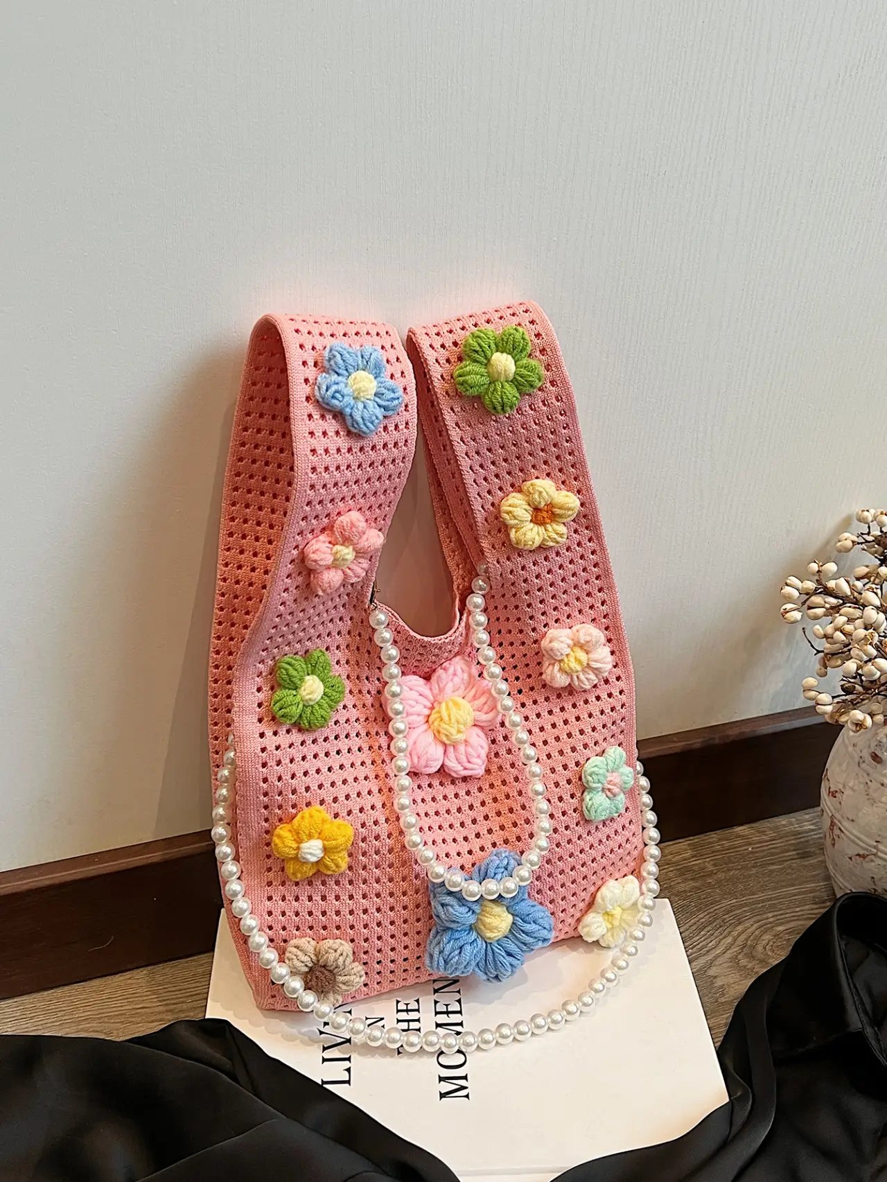 Pink Crochet Floral Shoulder Bag with Pearl Strap