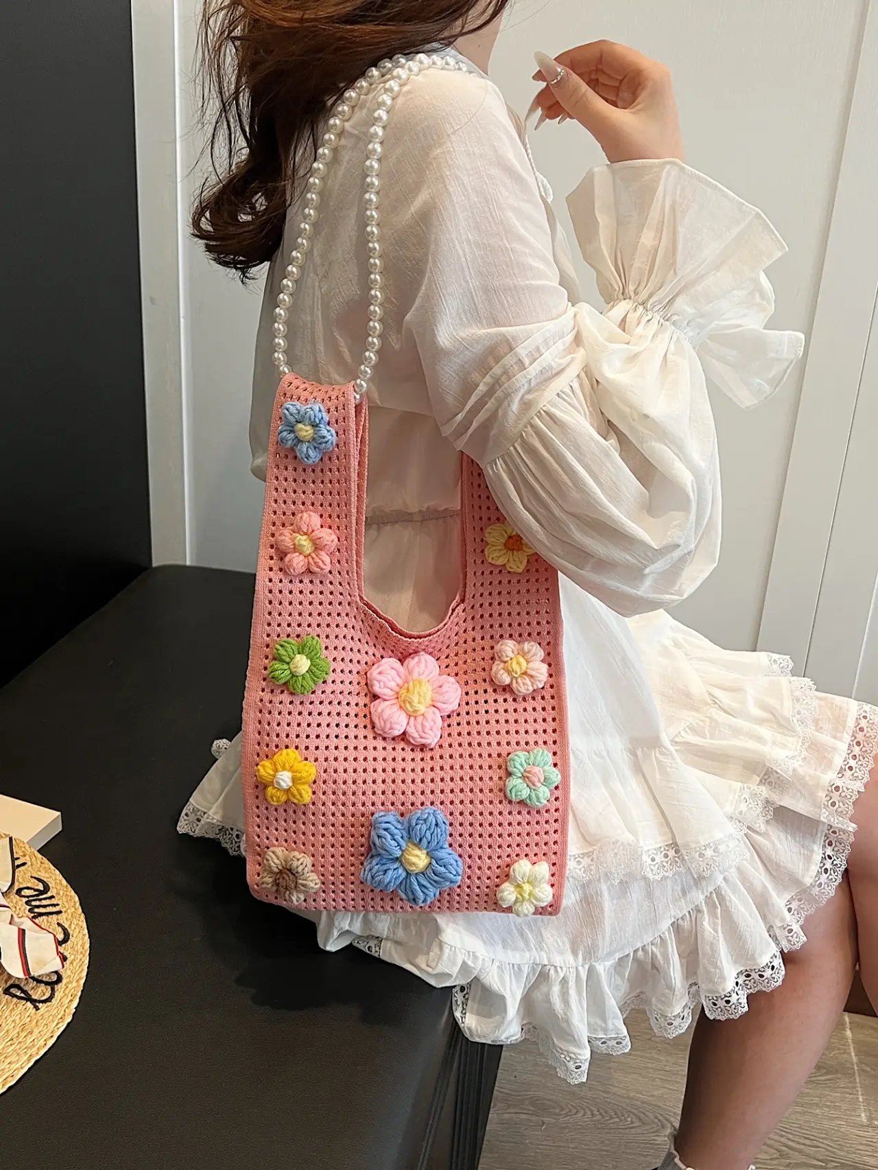 Pink Crochet Floral Shoulder Bag with Pearl Strap