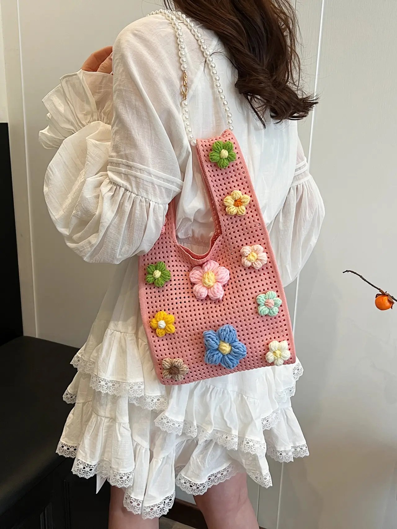 Pink Crochet Floral Shoulder Bag with Pearl Strap