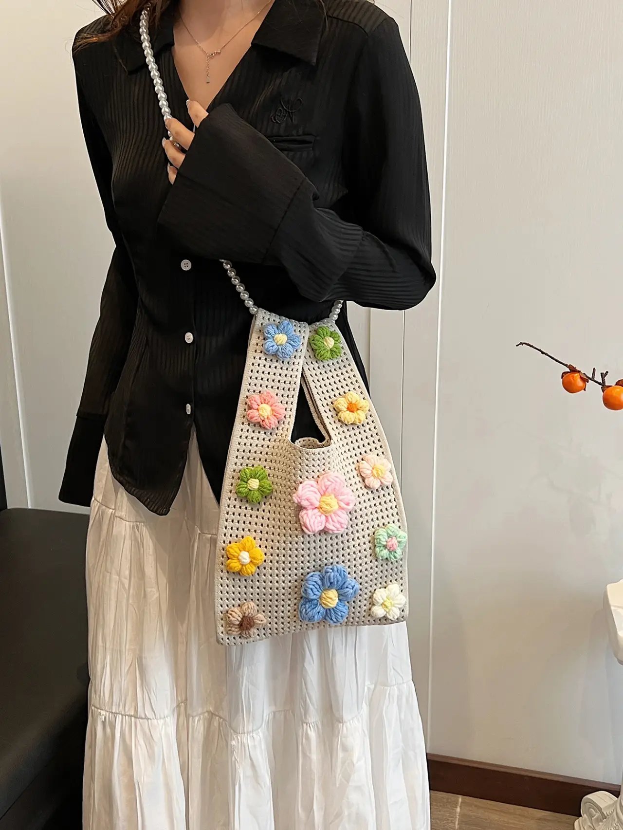 Floral Crochet Shoulder Bag with Pearl Strap