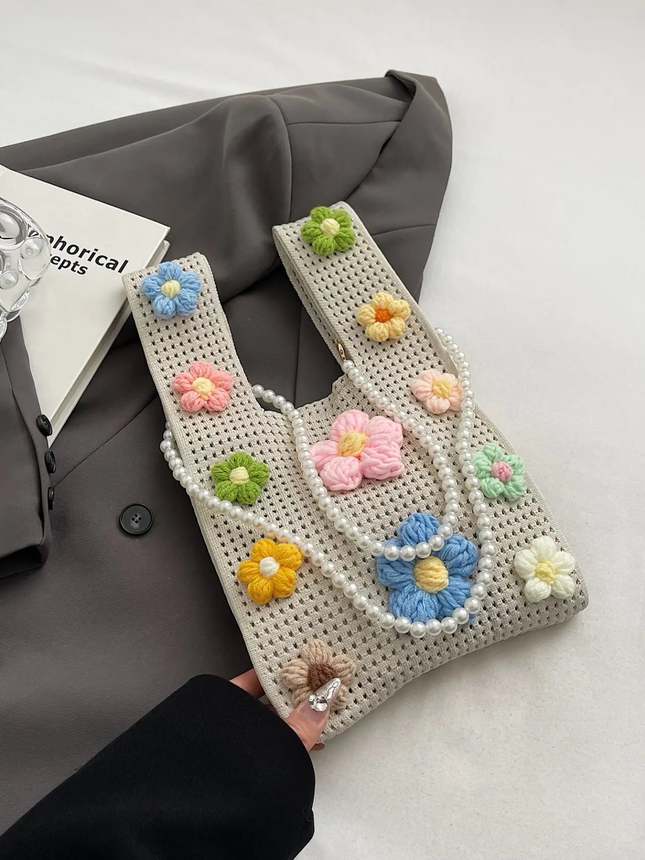 Floral Crochet Shoulder Bag with Pearl Strap