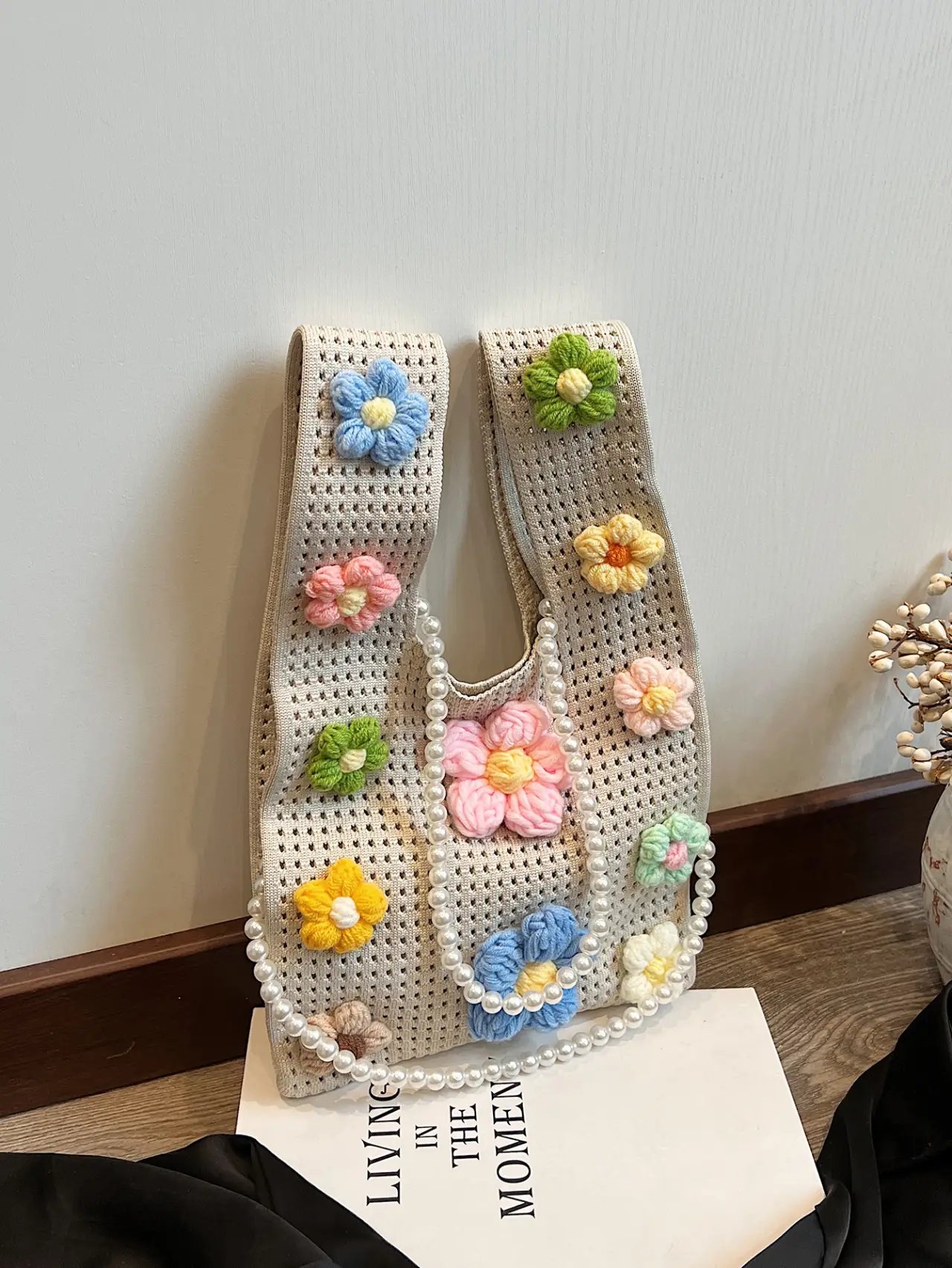 Floral Crochet Shoulder Bag with Pearl Strap