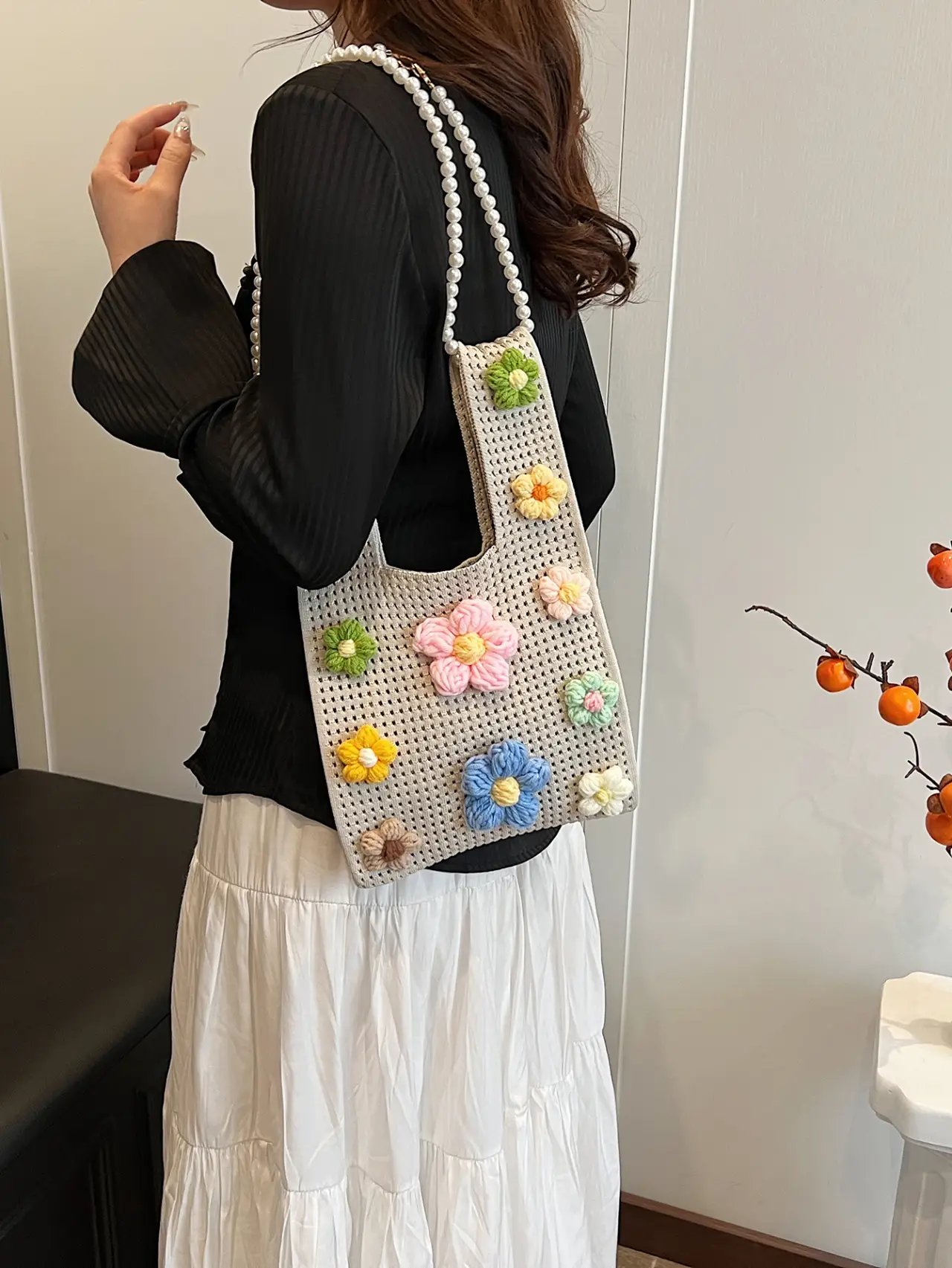 Floral Crochet Shoulder Bag with Pearl Strap