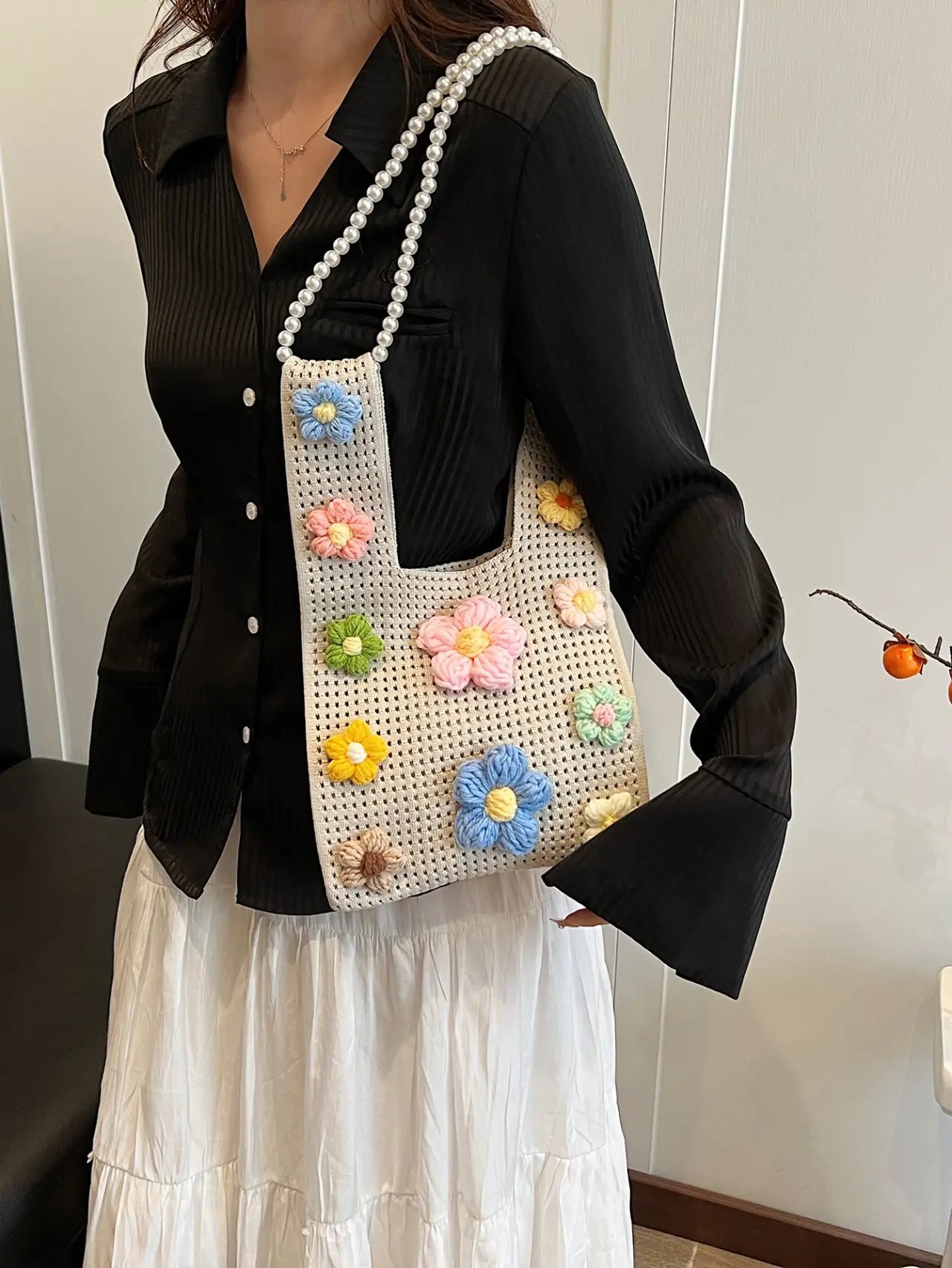 Floral Crochet Shoulder Bag with Pearl Strap